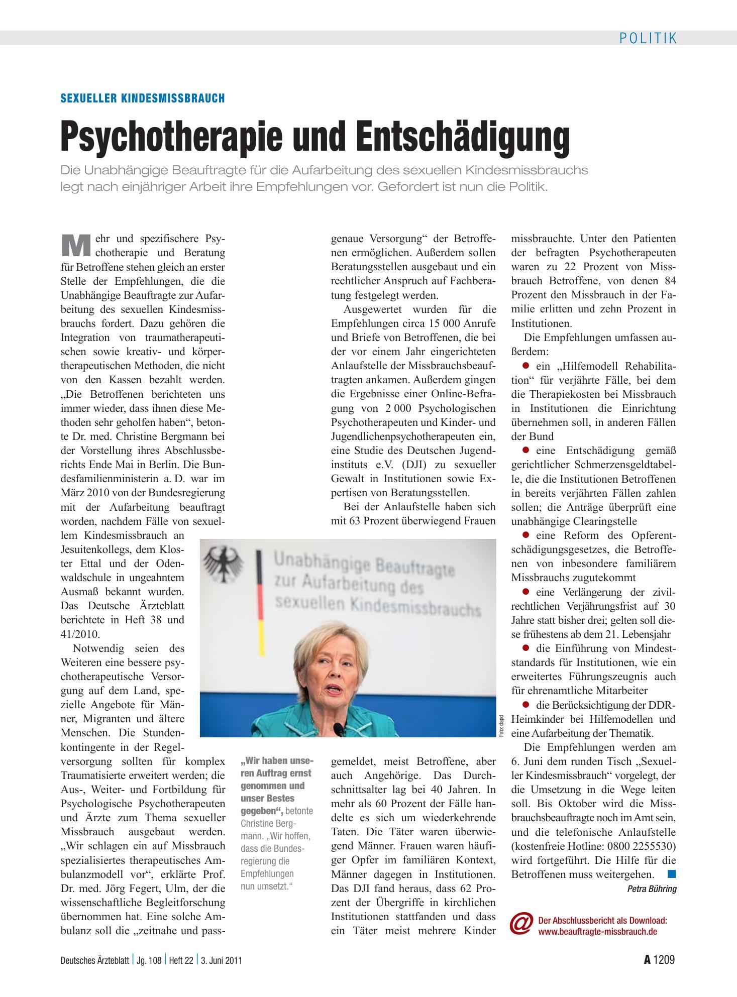 Vorschauseite 1: Sexueller Kindesmissbrauch: Psychotherapie und Entschädigung – Deutsches Ärzteblatt