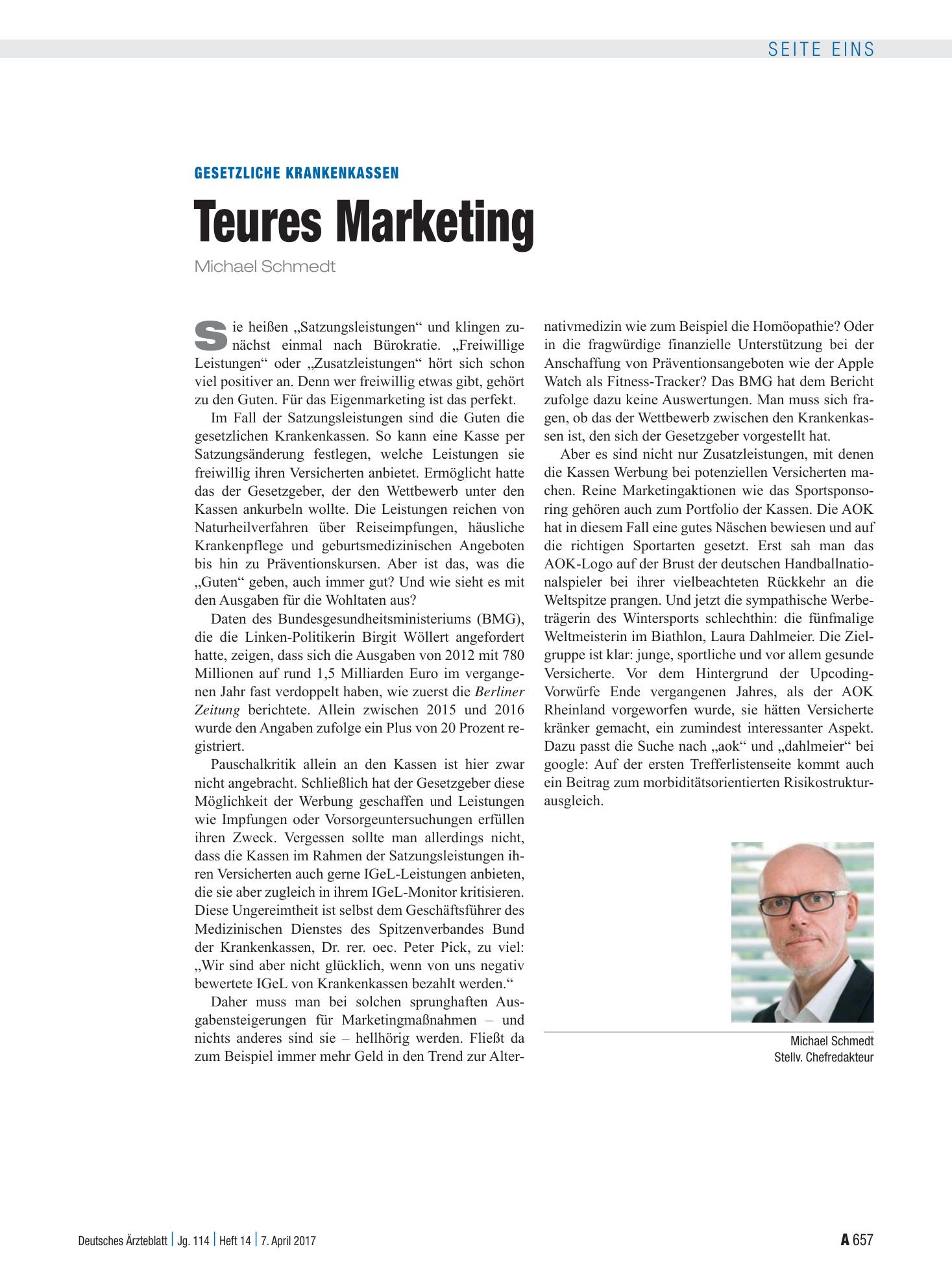 Vorschauseite 1: Gesetzliche Krankenkassen: Teures Marketing – Deutsches Ärzteblatt