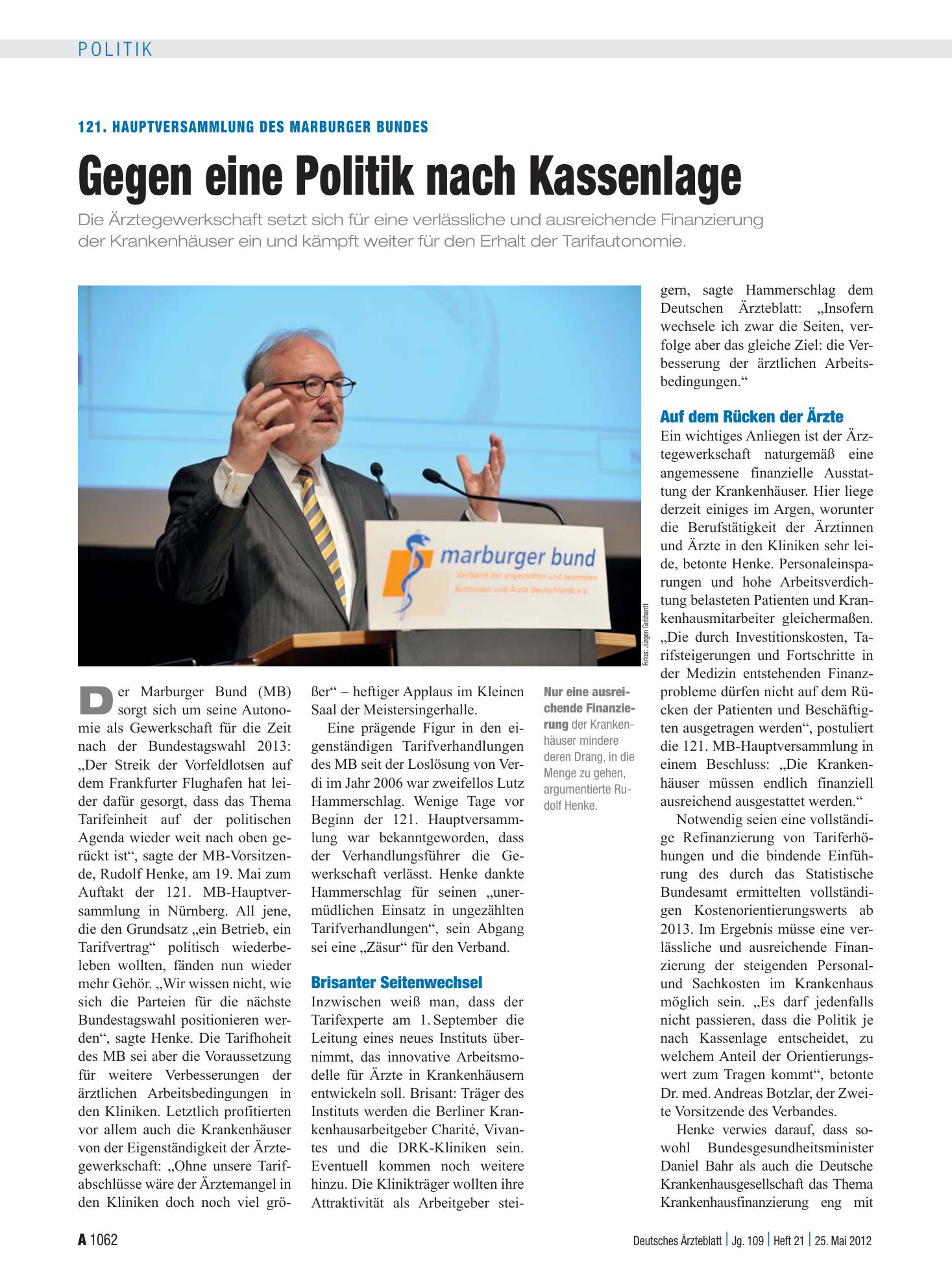 Vorschauseite 1: 121. Hauptversammlung des Marburger Bundes: Gegen eine Politik nach Kassenlage – Deutsches Ärzteblatt