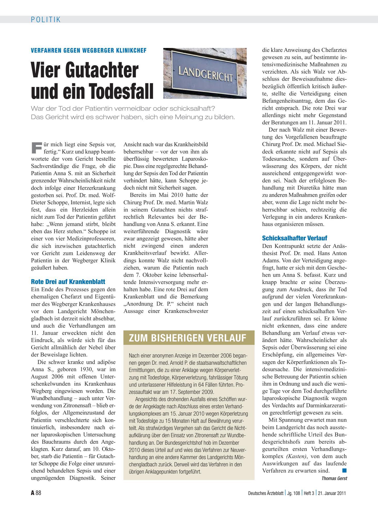 Vorschauseite 1: Verfahren gegen Wegberger Klinikchef: Vier Gutachter und ein Todesfall – Deutsches Ärzteblatt