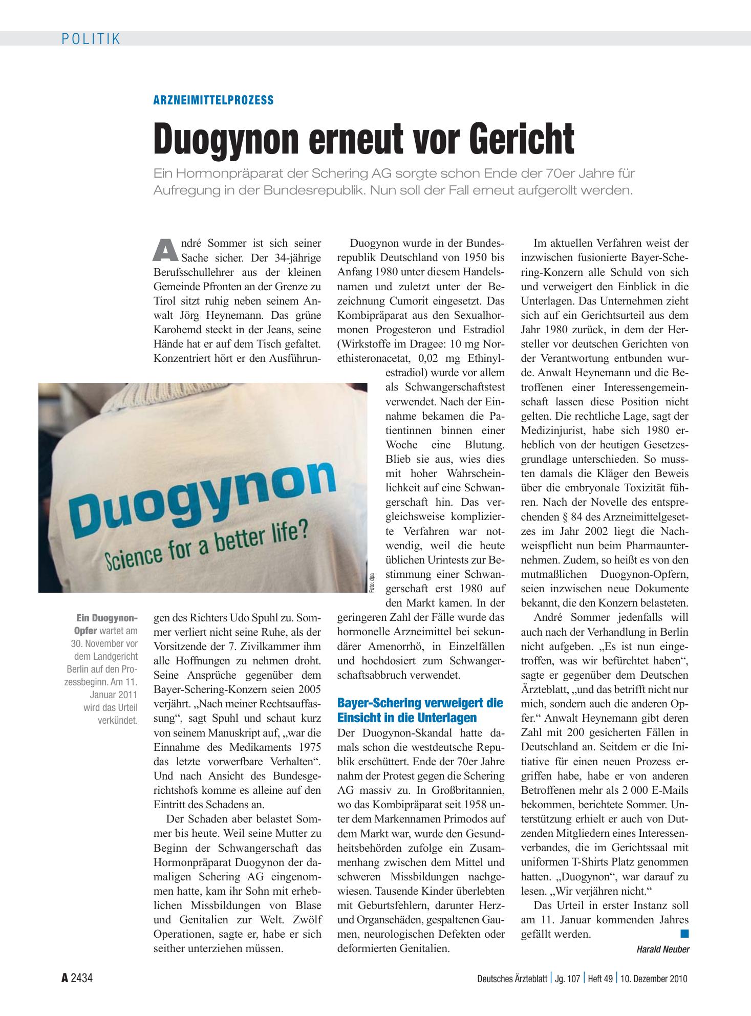 Vorschauseite 1: Arzneimittelprozess: Duogynon erneut vor Gericht – Deutsches Ärzteblatt