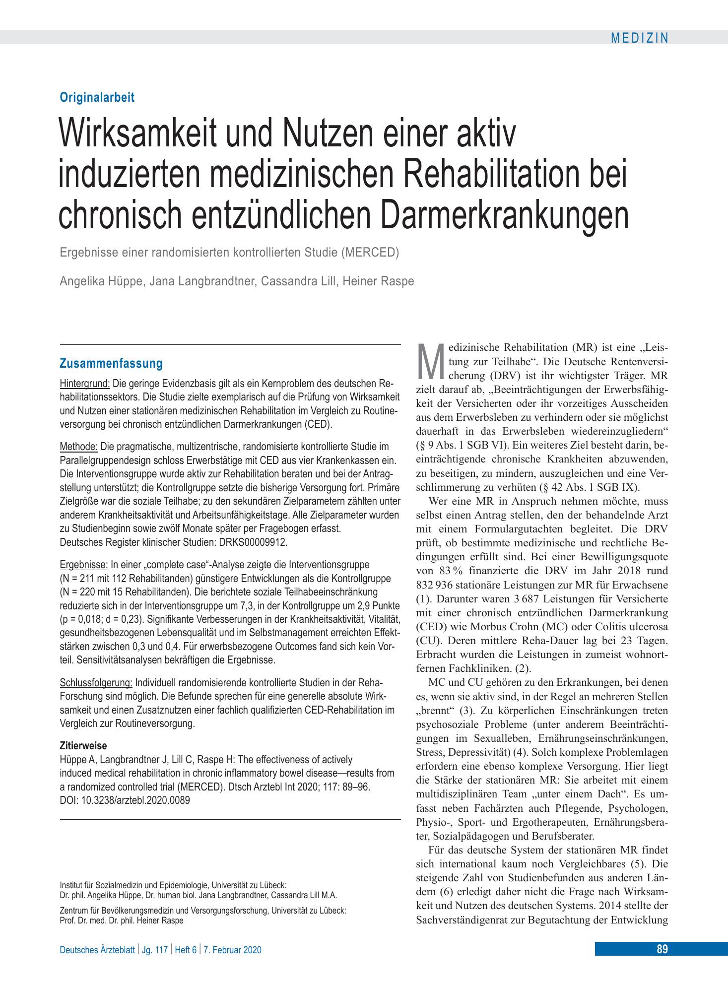 Vorschauseite 1: Wirksamkeit und Nutzen einer aktiv induzierten medizinischen Rehabilitation bei chronisch entzündlichen Darmerkrankungen – Deutsches Ärzteblatt