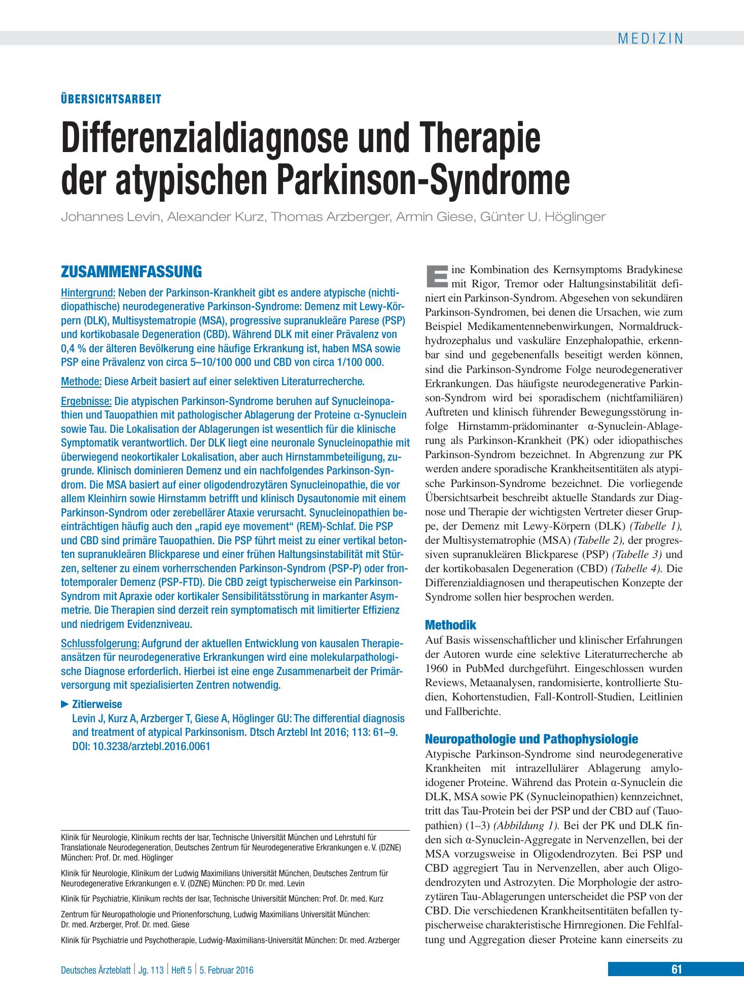 Vorschauseite 1: Differenzialdiagnose und Therapie der atypischen Parkinson-Syndrome – Deutsches Ärzteblatt