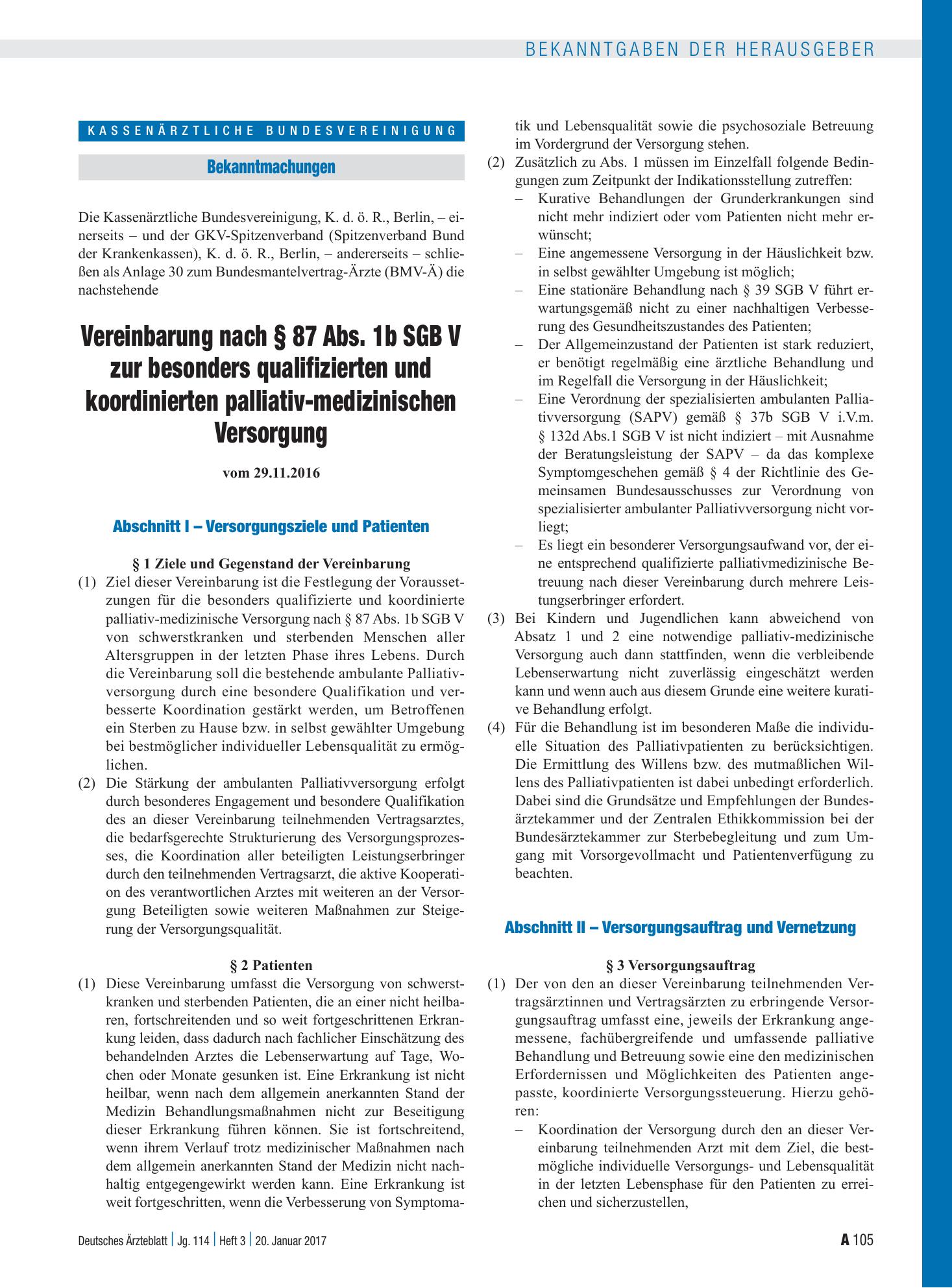 Vorschauseite 1: Vereinbarung nach § 87 Abs. 1b SGB V zur besonders qualifizierten und koordinierten palliativ-medizinischen Versorgung – Deutsches Ärzteblatt