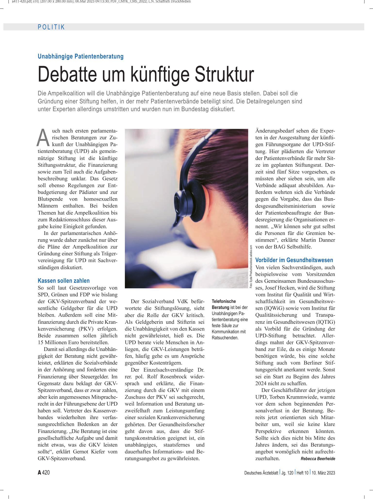 Vorschauseite 1: Unabhängige Patientenberatung: Debatte um künftige Struktur – Deutsches Ärzteblatt