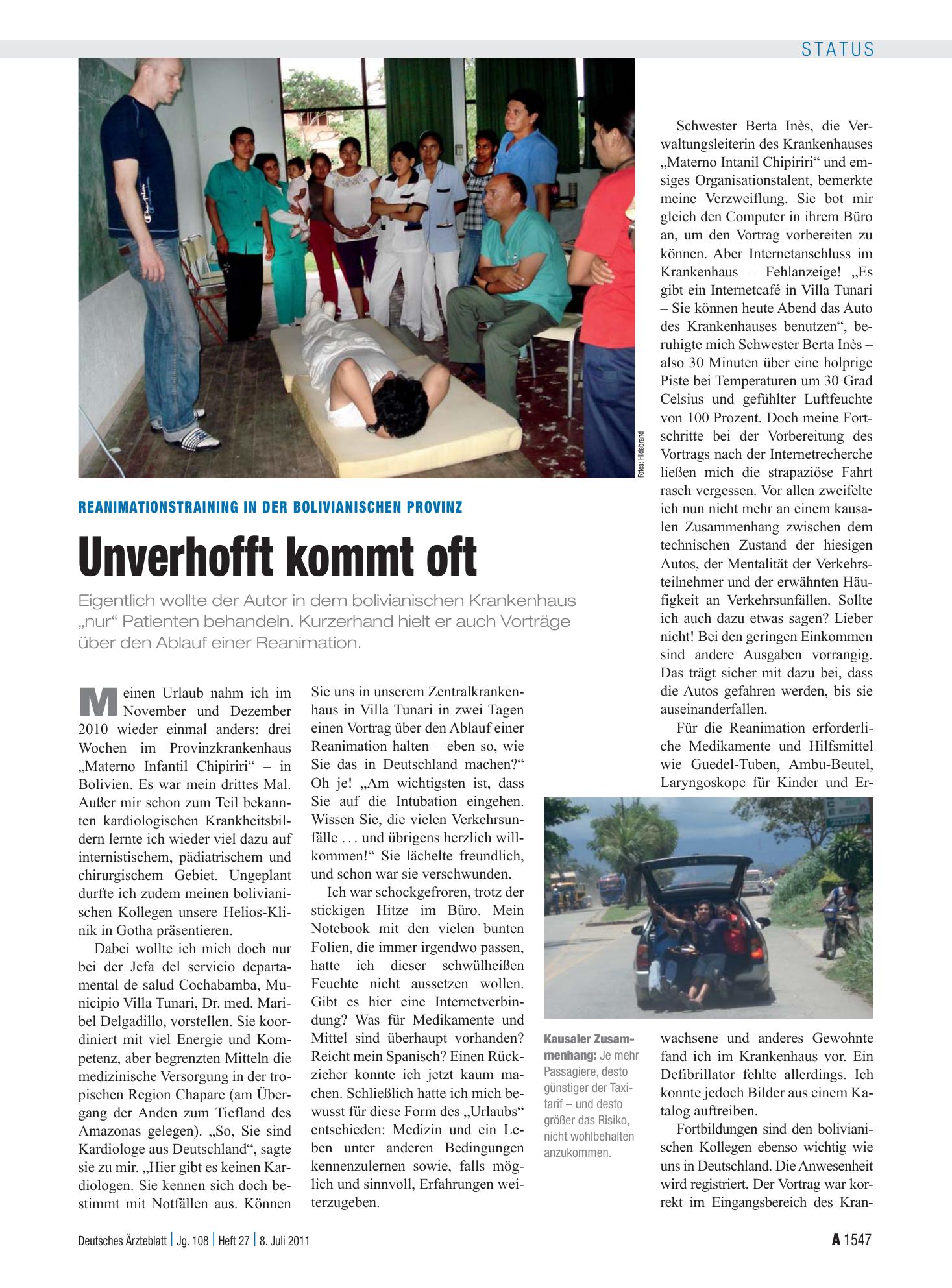 Vorschauseite 1: Reanimationstraining in der bolivianischen Provinz: Unverhofft kommt oft – Deutsches Ärzteblatt
