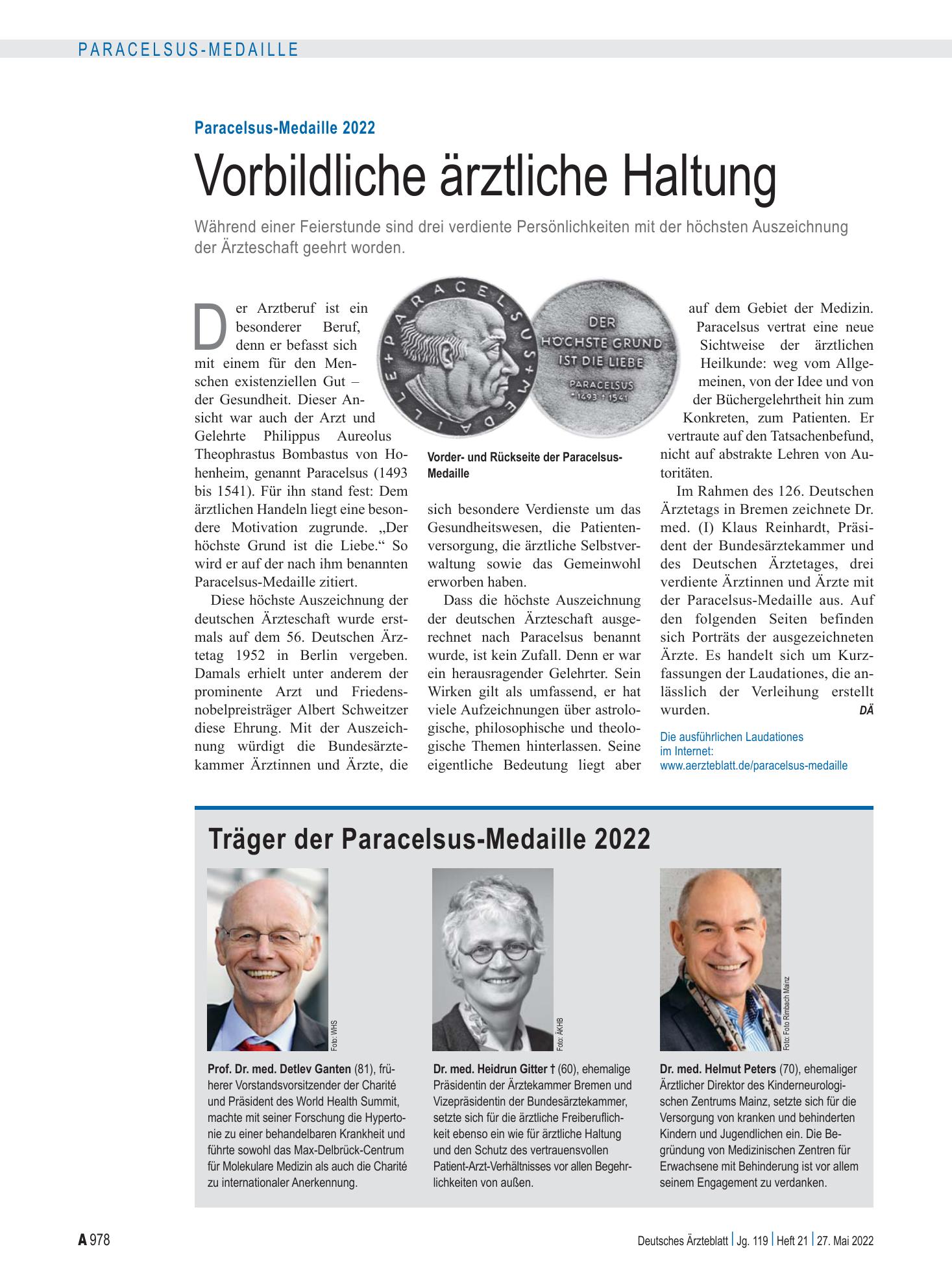 Vorschauseite 1: Paracelsus-Medaille 2022: Vorbildliche ärztliche Haltung – Deutsches Ärzteblatt