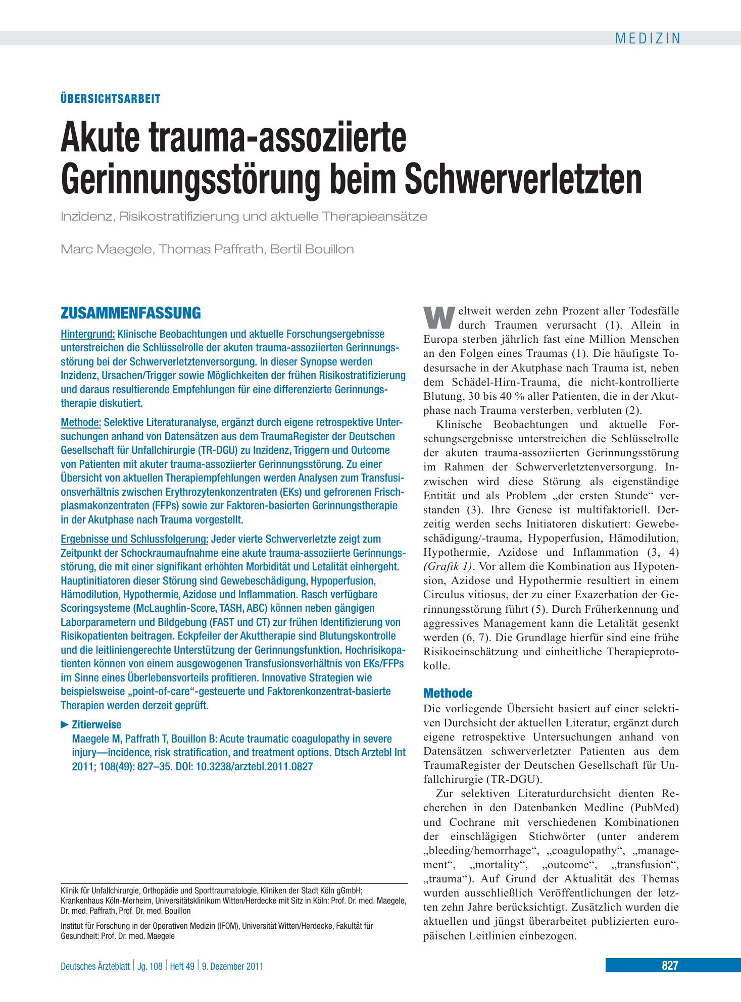 Vorschauseite 1: Akute trauma-assoziierte Gerinnungsstörung beim Schwerverletzten – Deutsches Ärzteblatt