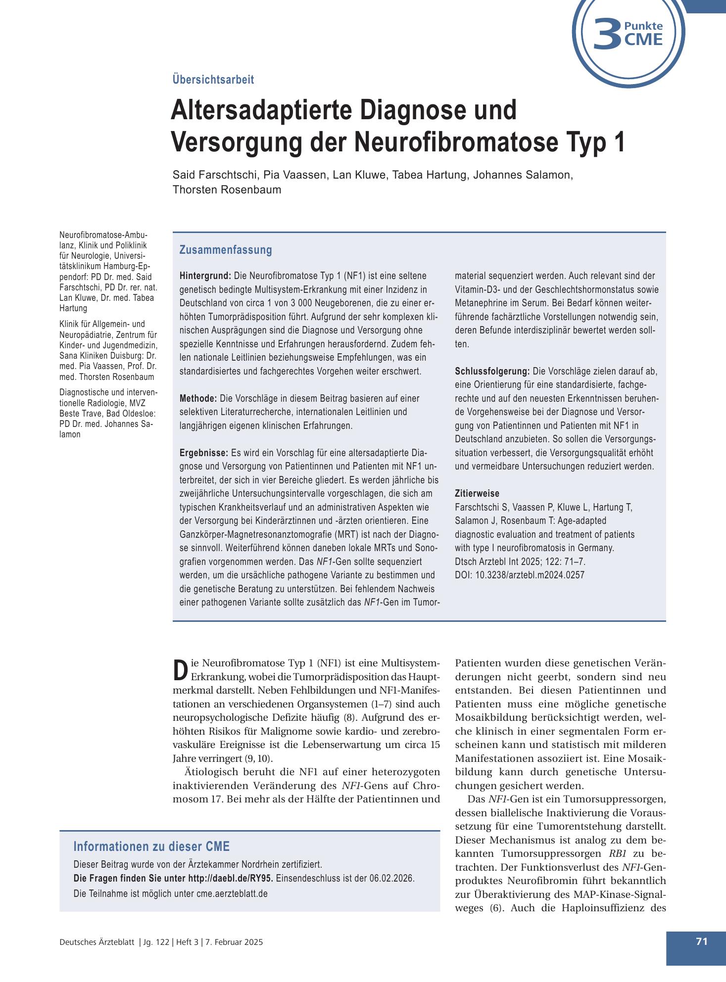 Vorschauseite 1: Altersadaptierte Diagnose und Versorgung der Neurofibromatose Typ 1 – Deutsches Ärzteblatt
