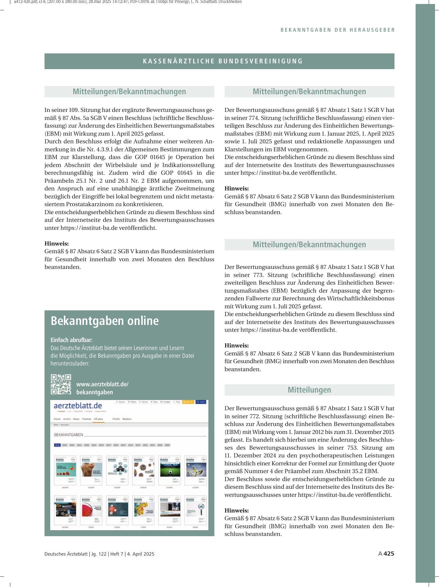 Vorschauseite 1: Mitteilungen – Deutsches Ärzteblatt