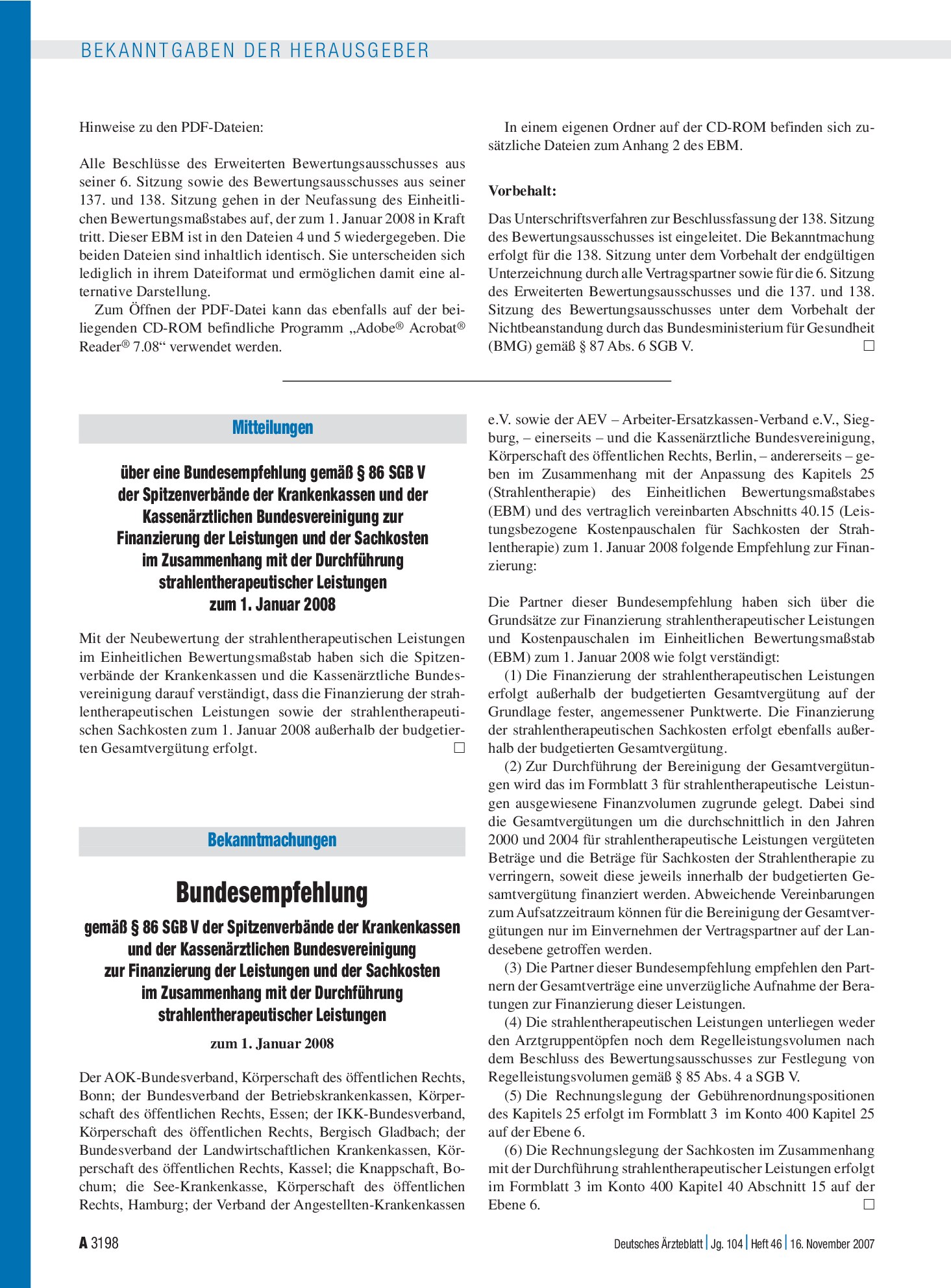 Vorschauseite 1: Bekanntmachungen: Bundesempfehlung gemäß § 86 SGB V der Spitzenverbände der Krankenkassen und der Kassenärztlichen Bundesvereinigung zur Finanzierung der Leistungen und der Sachko…