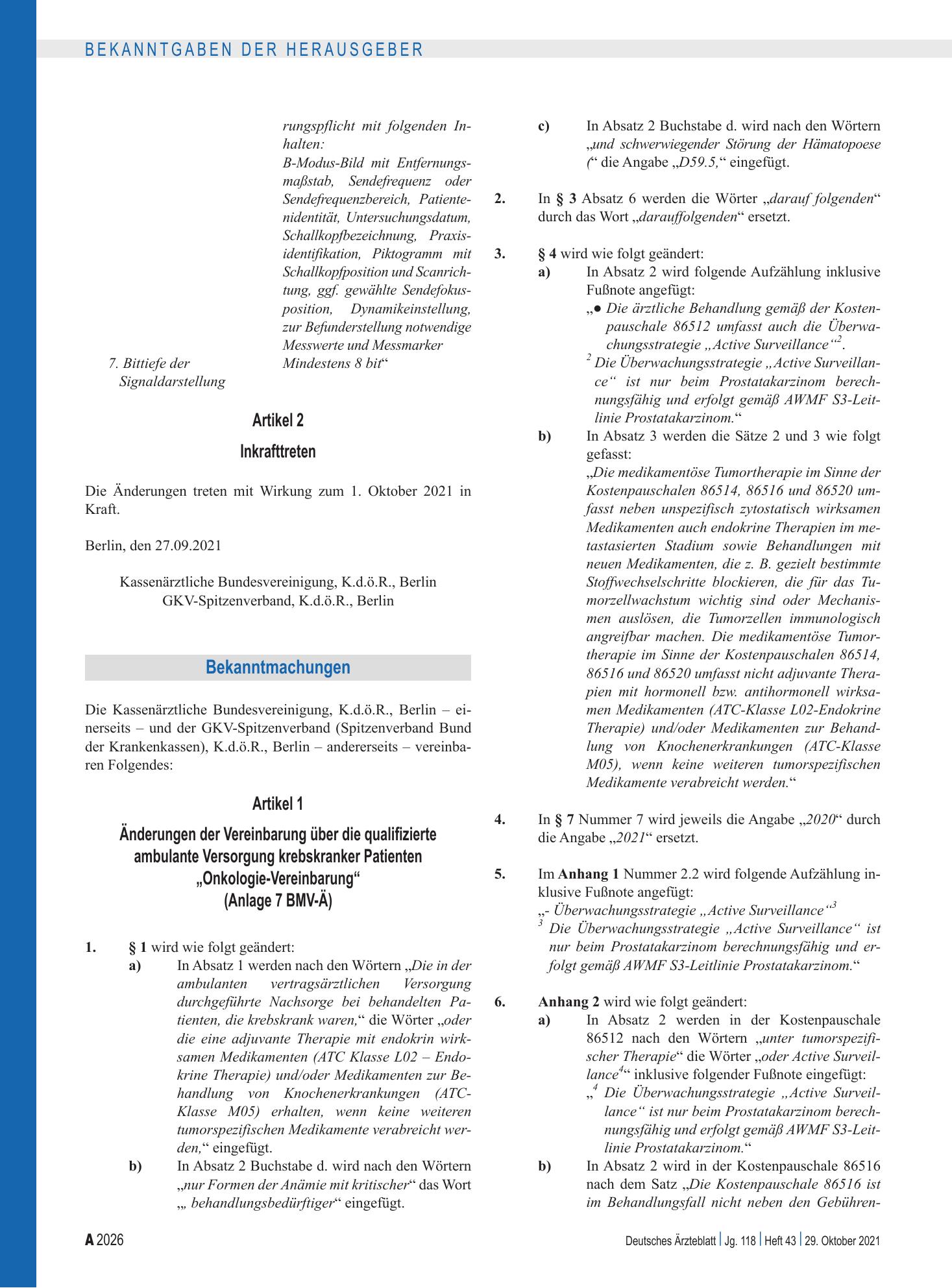Vorschauseite 1: Änderungen der Vereinbarung über die qualifizierte ambulante Versorgung krebskranker Patienten „Onkologie-Vereinbarung“ – Deutsches Ärzteblatt
