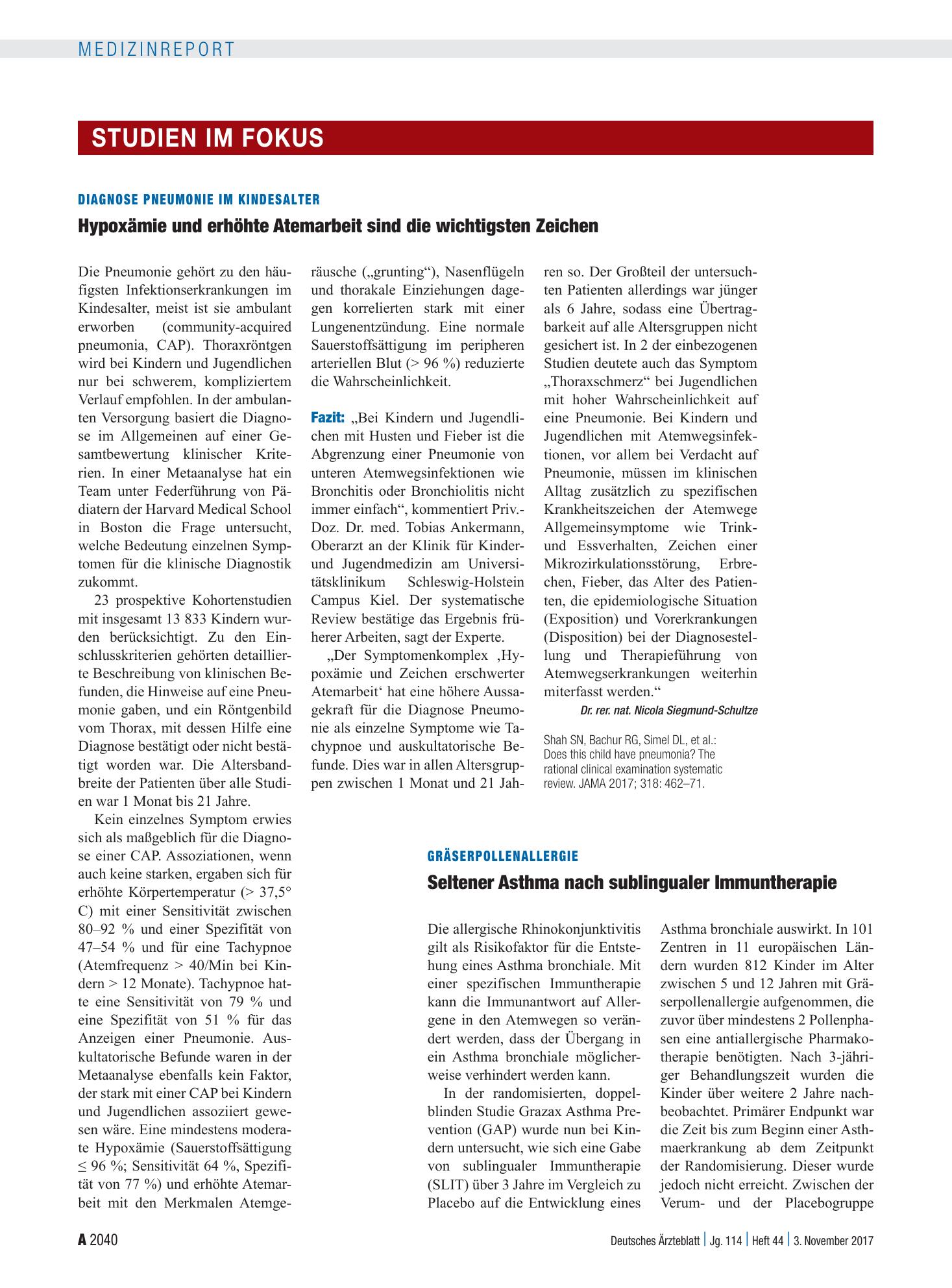 Vorschauseite 1: Gräserpollenallergie: Seltener Asthma nach sublingualer Immuntherapie – Deutsches Ärzteblatt