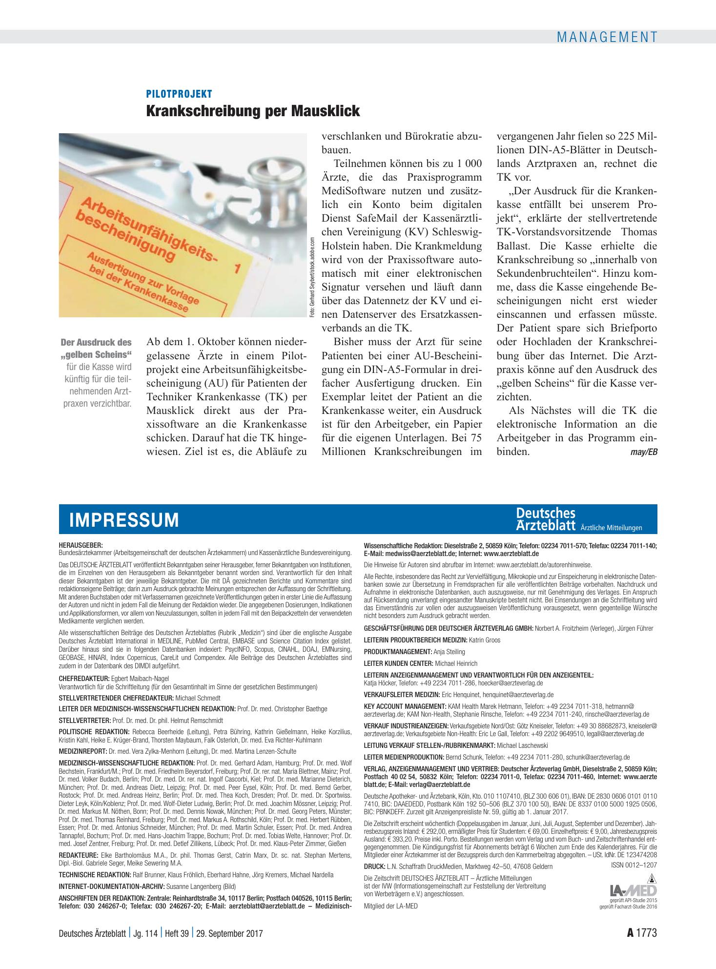 Vorschauseite 1: Pilotprojekt: Krankschreibung per Mausklick – Deutsches Ärzteblatt