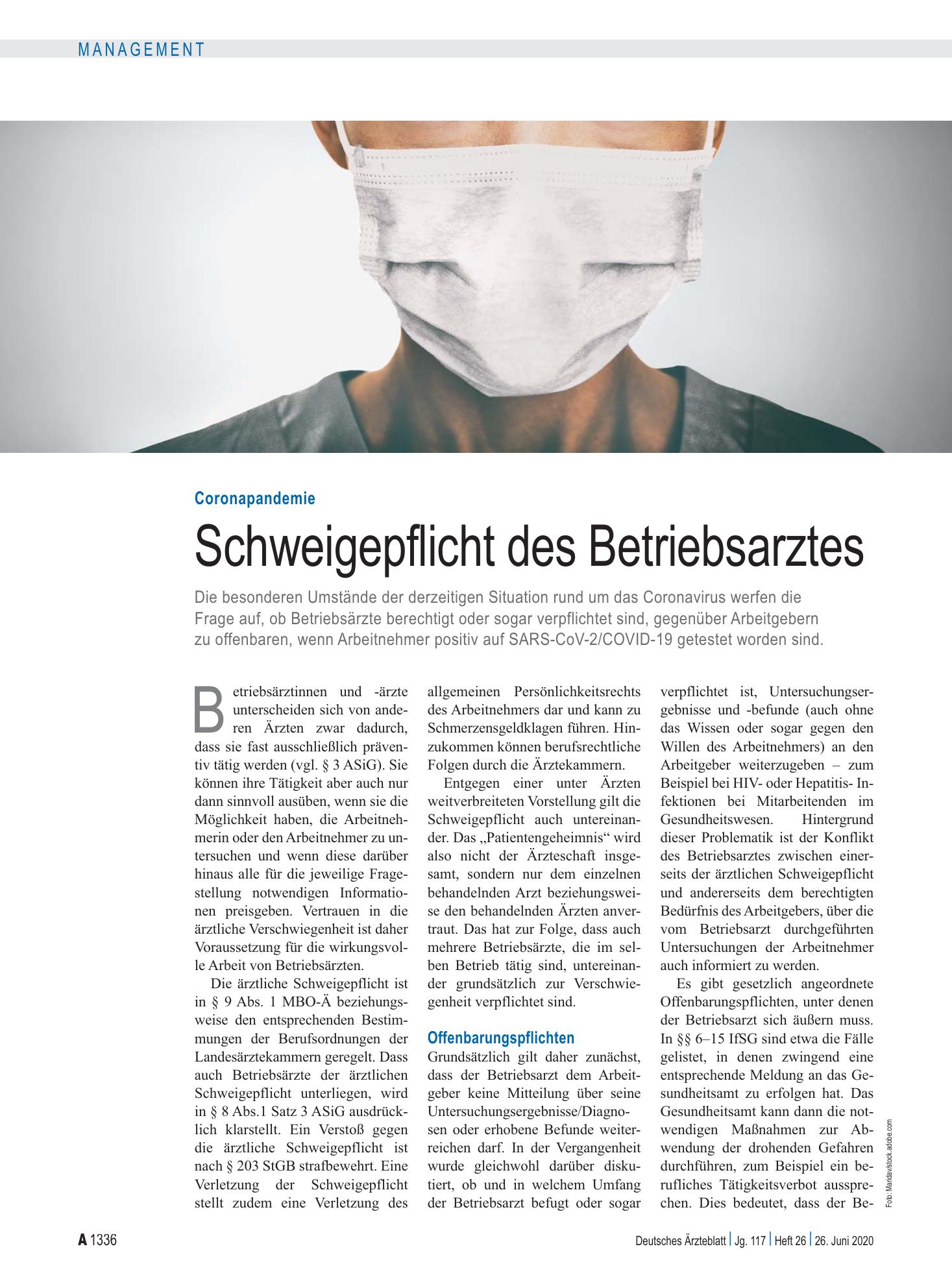 Vorschauseite 1: Coronapandemie: Schweigepflicht des Betriebsarztes – Deutsches Ärzteblatt
