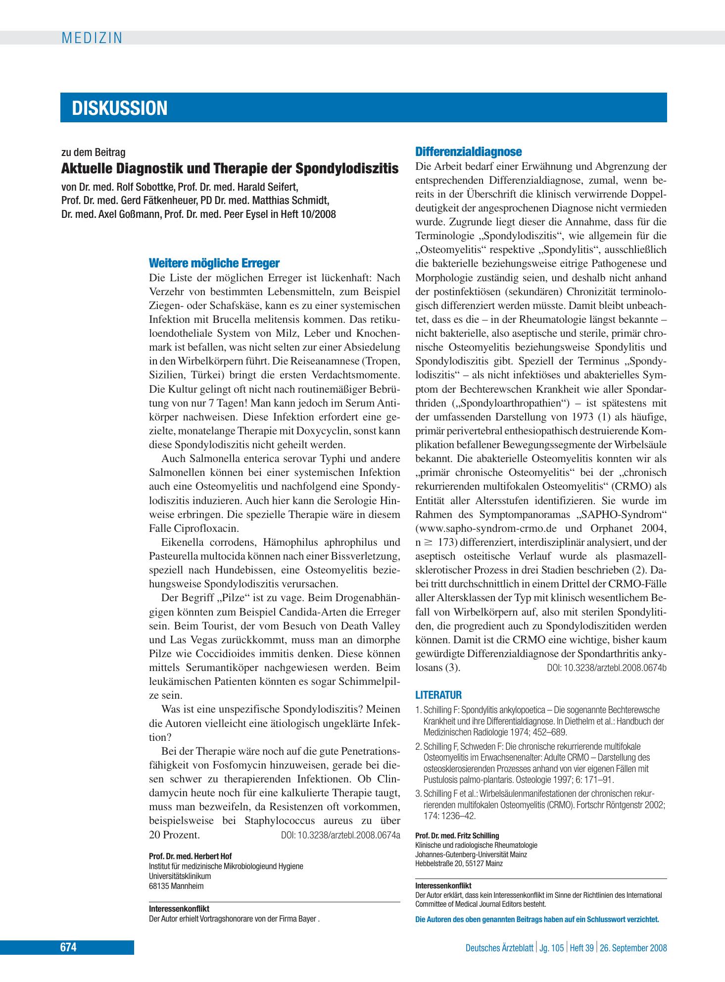 Vorschauseite 1: Aktuelle Diagnostik und Therapie der Spondylodiszitis: Differenzialdiagnose – Deutsches Ärzteblatt