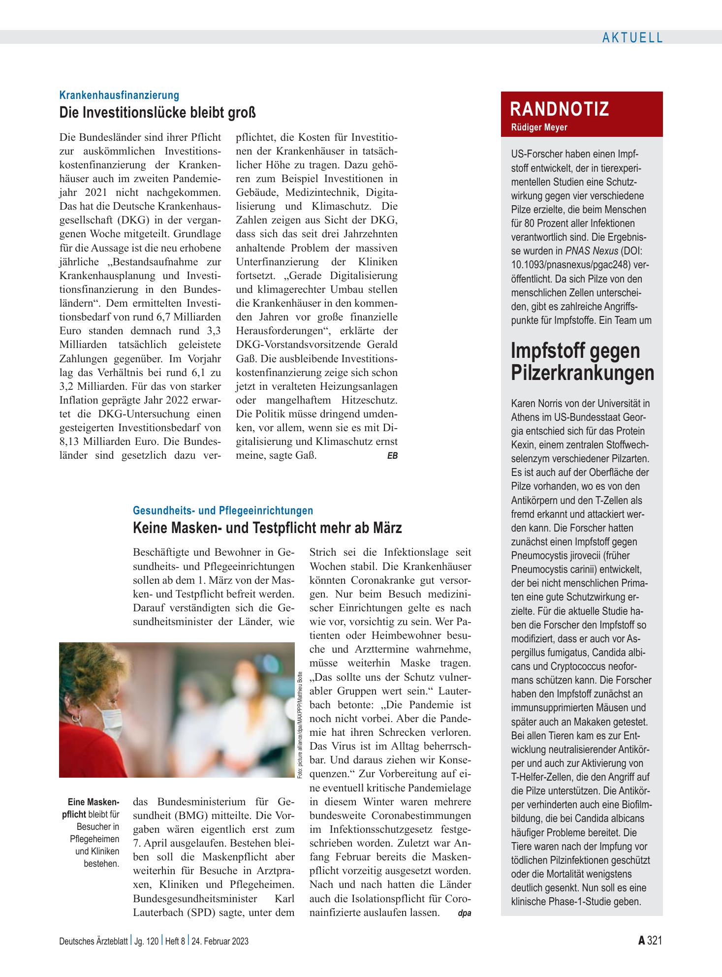 Vorschauseite 1: Randnotiz: Impfstoff gegen Pilzerkrankungen – Deutsches Ärzteblatt