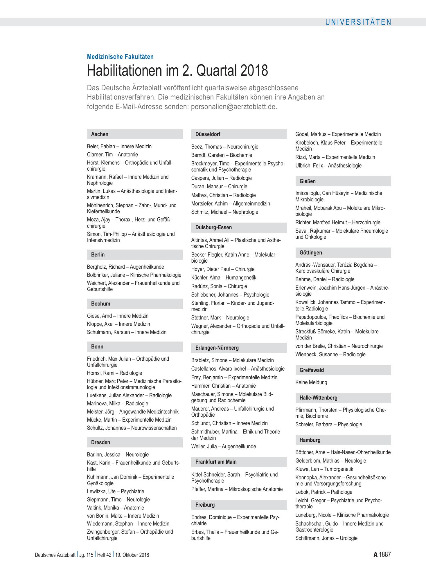 Vorschauseite 1: Medizinische Fakultäten: Habilitationen im 2. Quartal 2018 – Deutsches Ärzteblatt