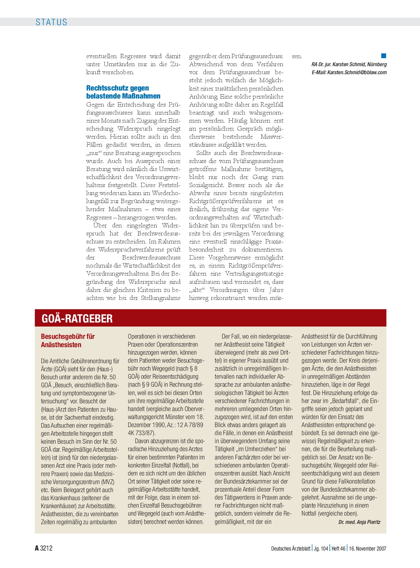 Vorschauseite 1: Besuchsgebühr für Anästhesisten – Deutsches Ärzteblatt