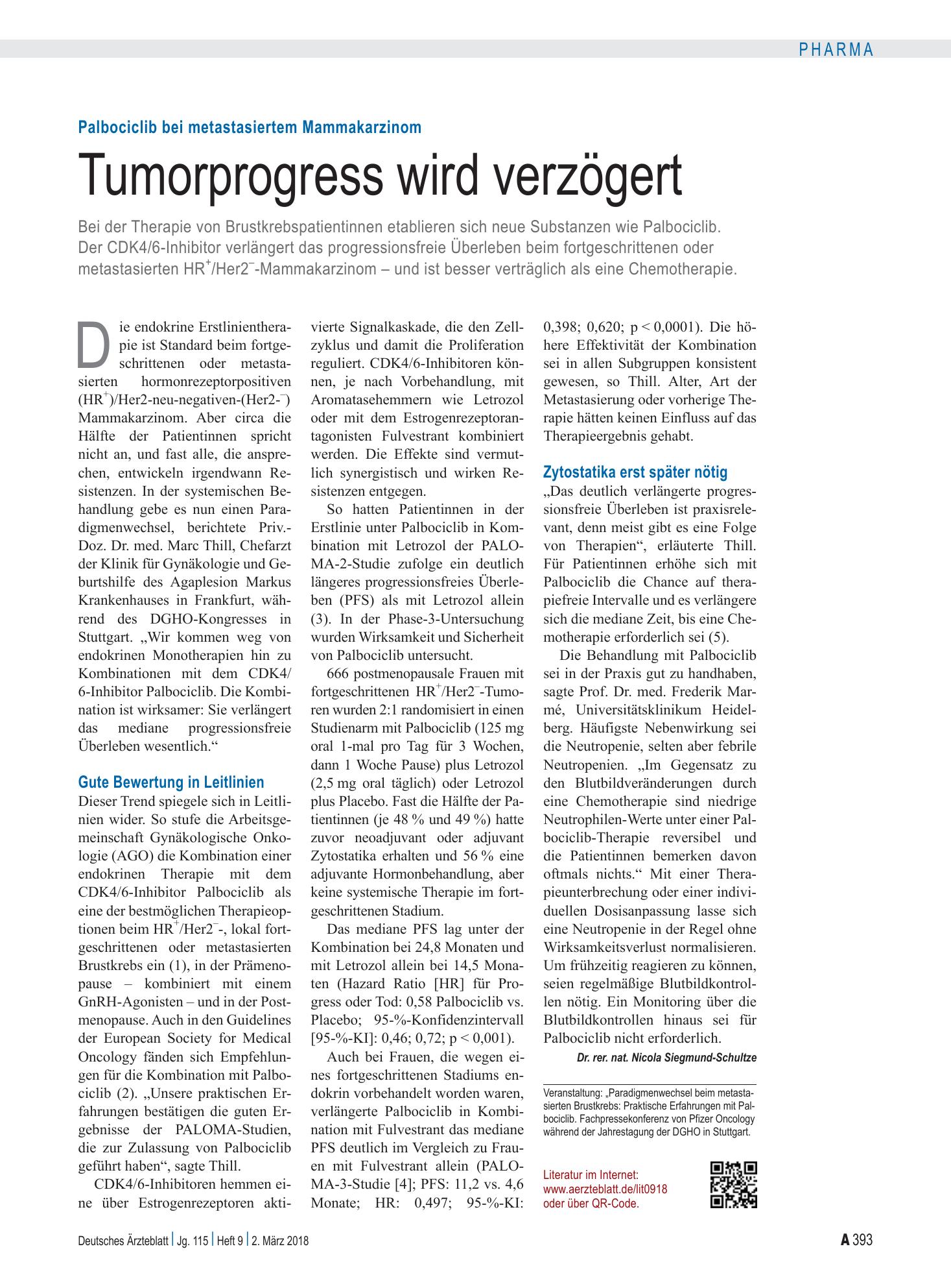 Vorschauseite 1: Palbociclib bei metastasiertem Mammakarzinom: Tumorprogress wird verzögert – Deutsches Ärzteblatt