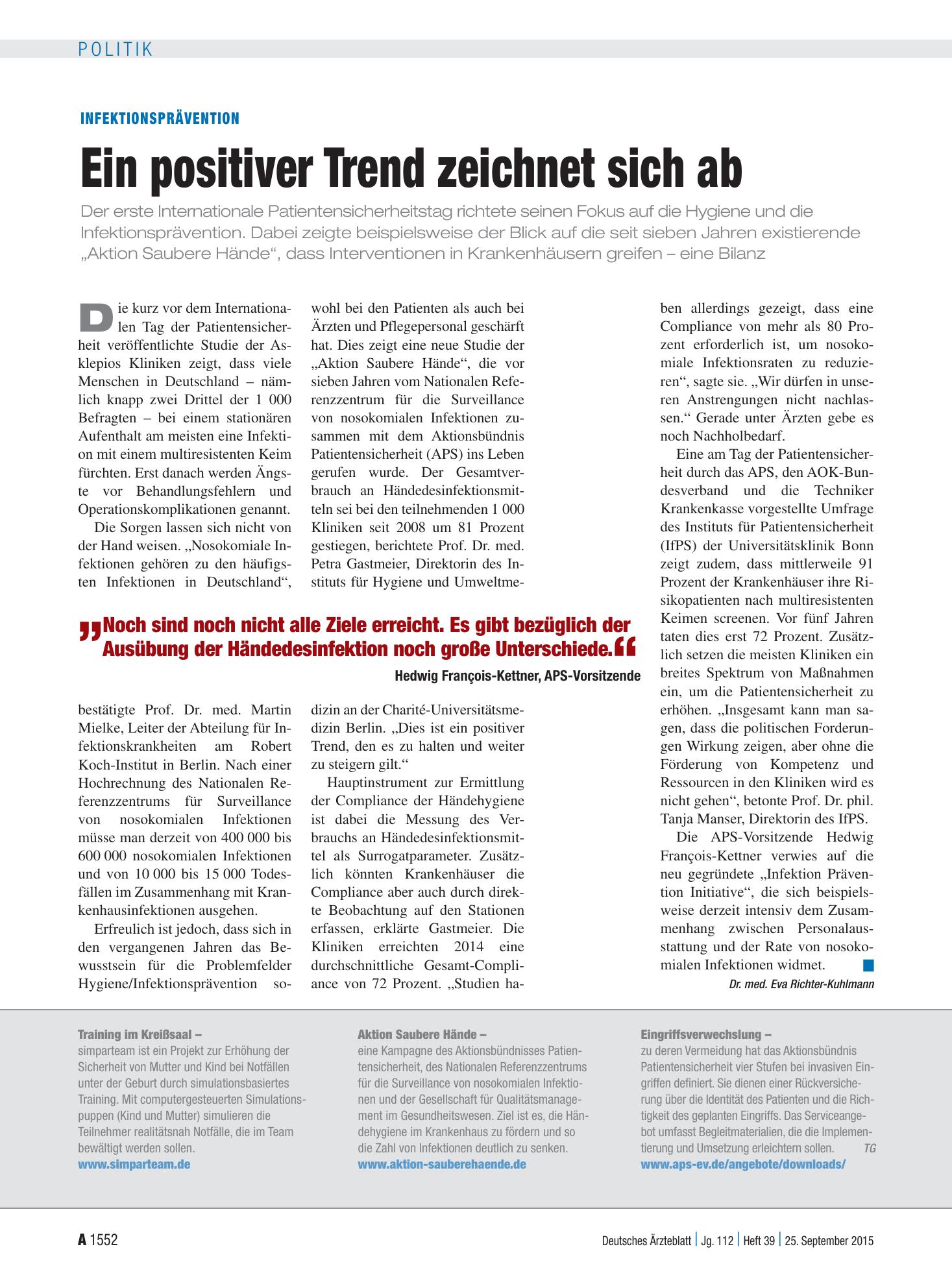 Vorschauseite 1: Infektionsprävention: Ein positiver Trend zeichnet sich ab – Deutsches Ärzteblatt