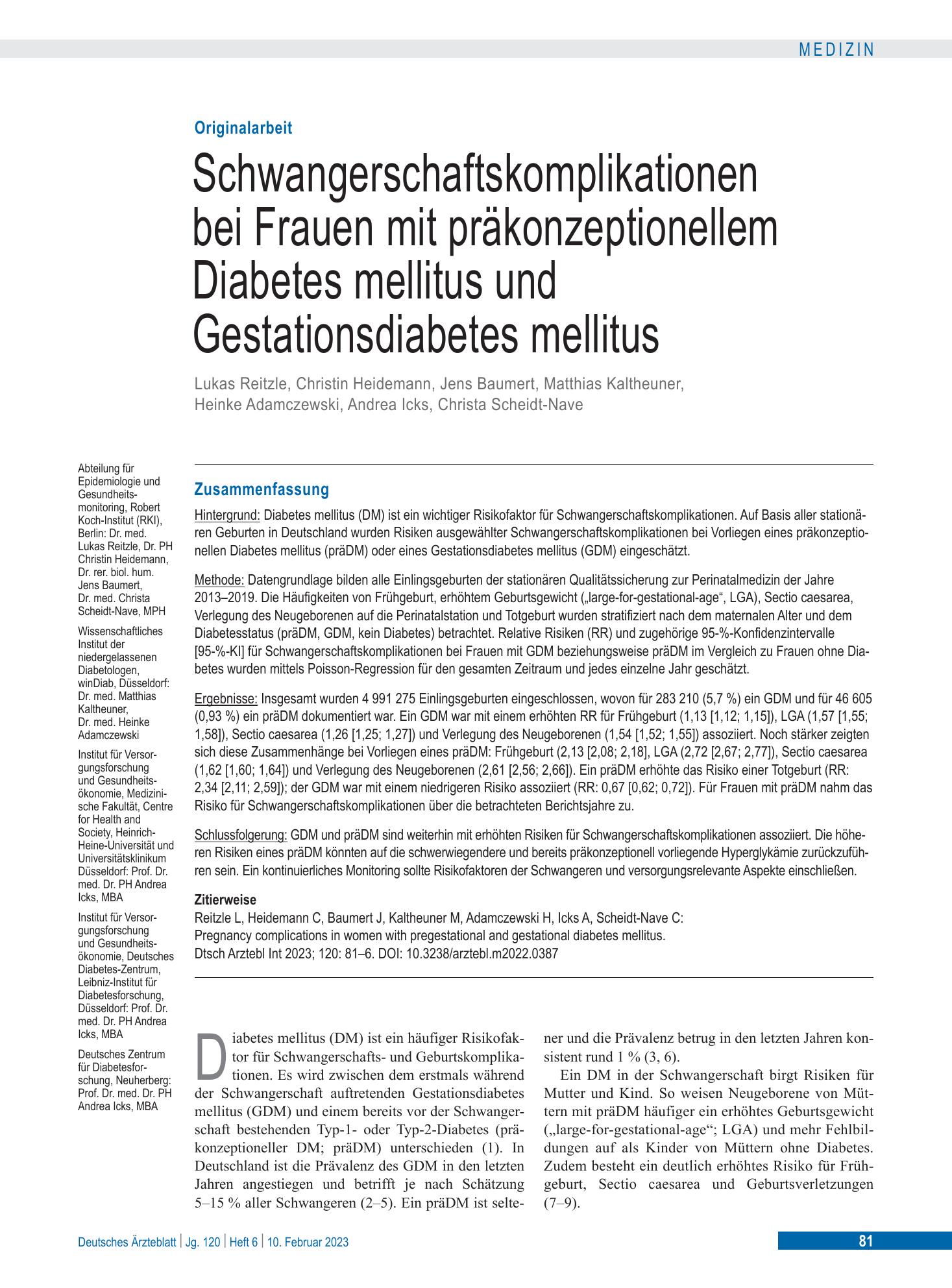 Vorschauseite 1: Schwangerschaftskomplikationen bei Frauen mit präkonzeptionellem Diabetes mellitus und Gestationsdiabetes mellitus – Deutsches Ärzteblatt