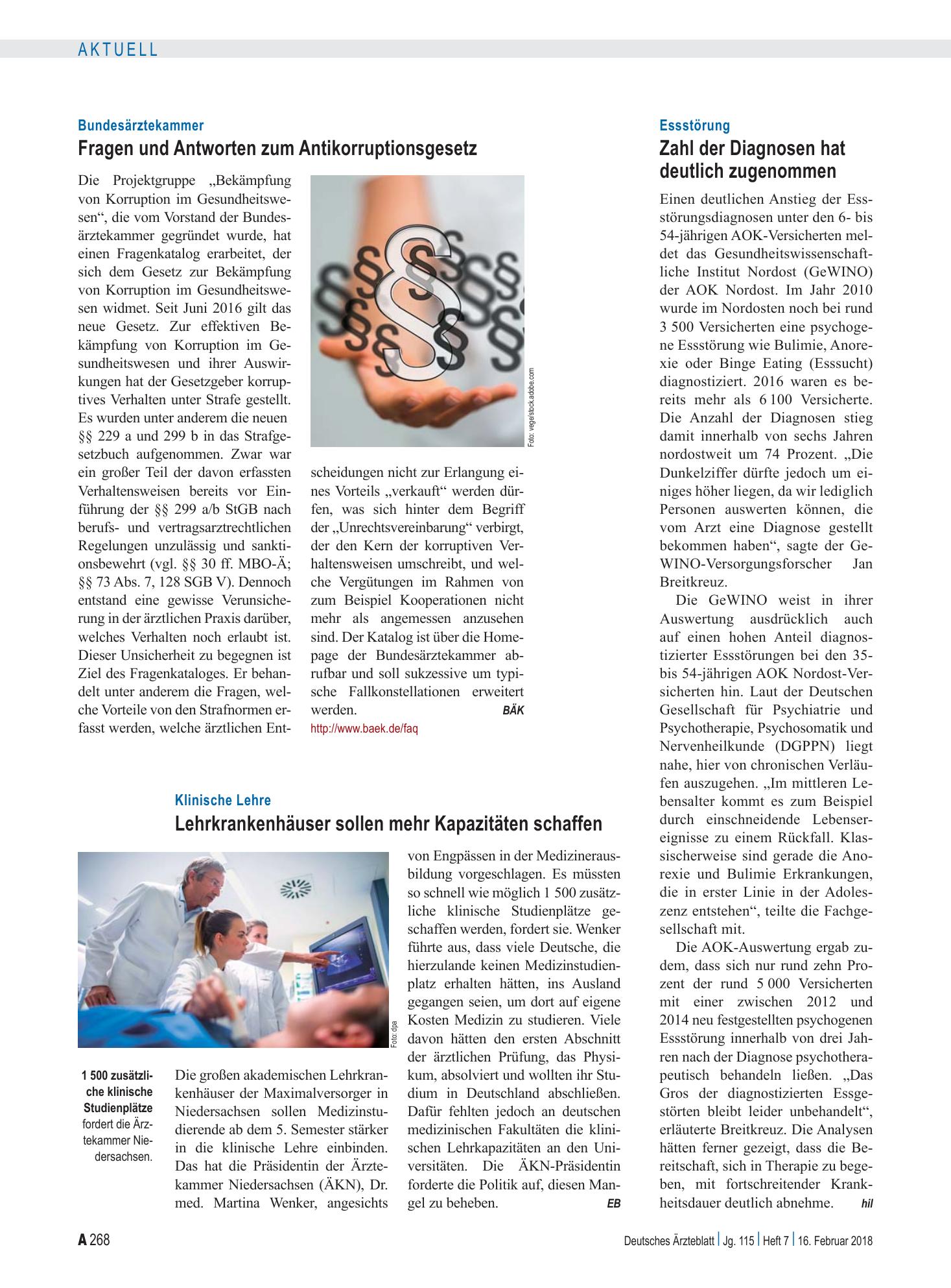 Vorschauseite 1: Bundesärztekammer: Fragen und Antworten zum Antikorruptionsgesetz – Deutsches Ärzteblatt