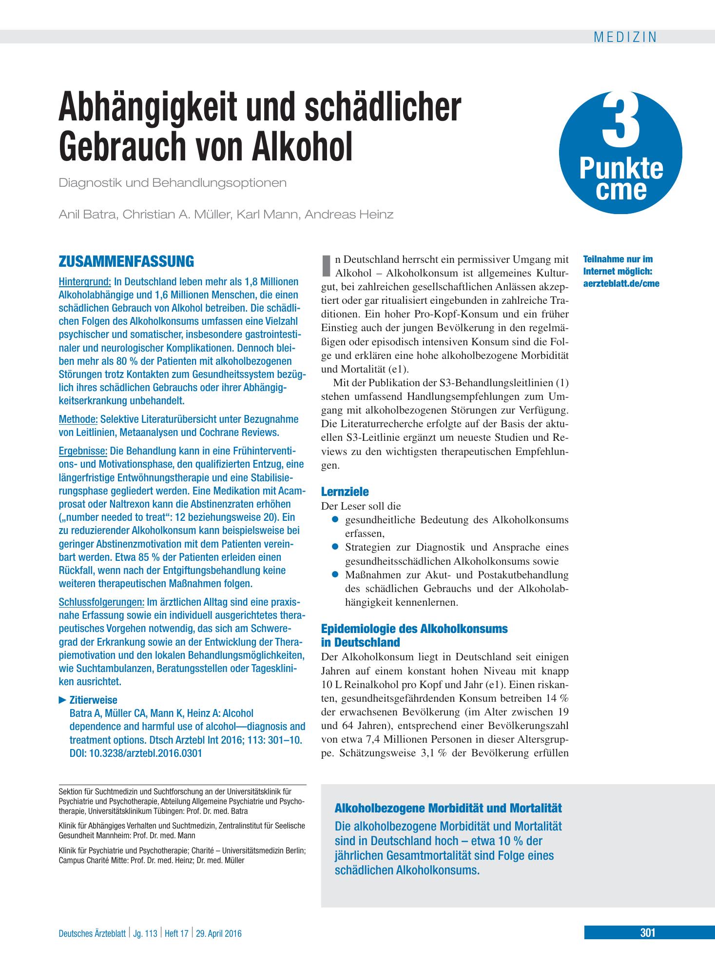 Vorschauseite 1: Abhängigkeit und schädlicher Gebrauch von Alkohol – Deutsches Ärzteblatt