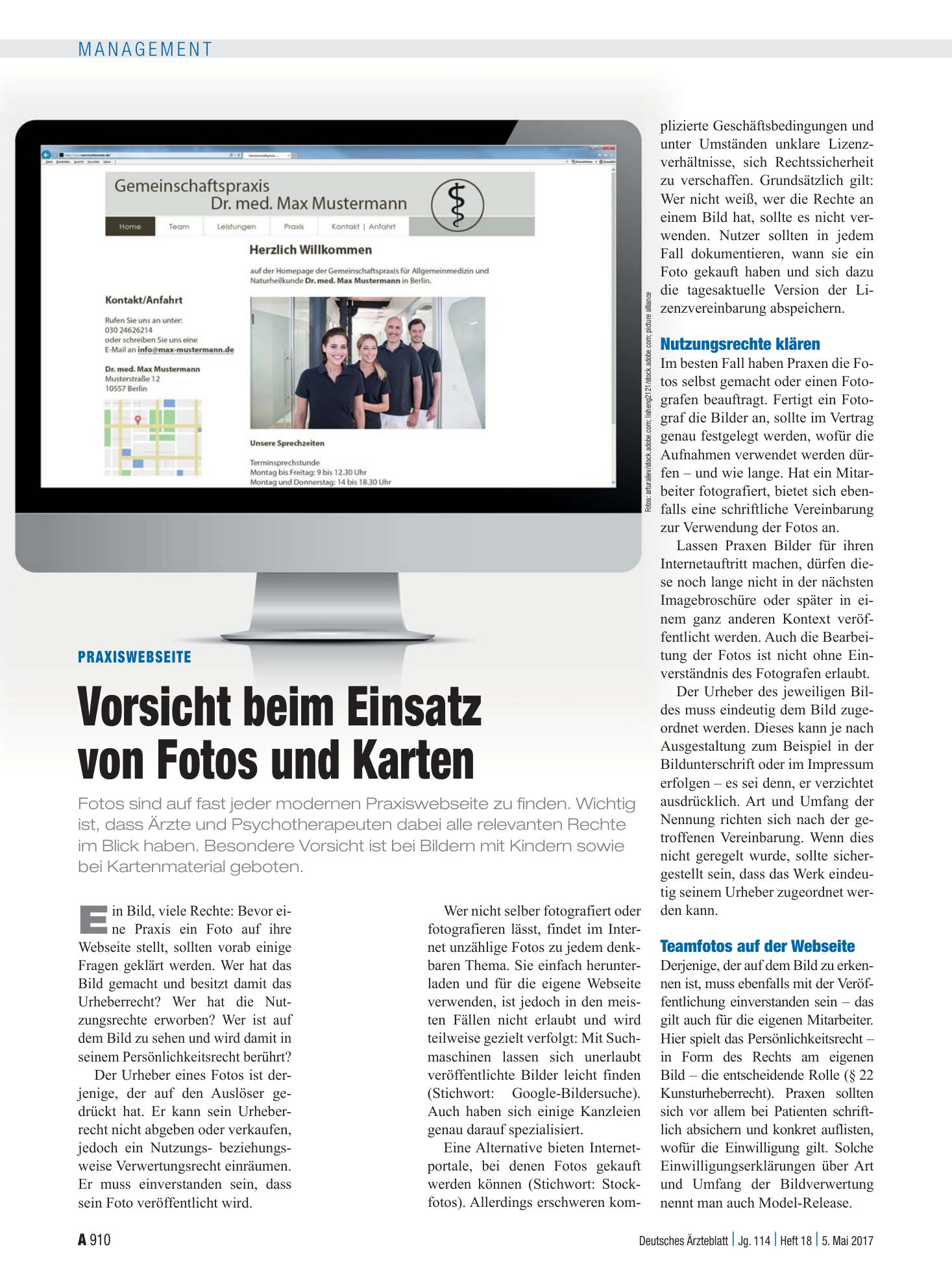 Vorschauseite 1: Praxiswebseite: Vorsicht beim Einsatz von Fotos und Karten – Deutsches Ärzteblatt