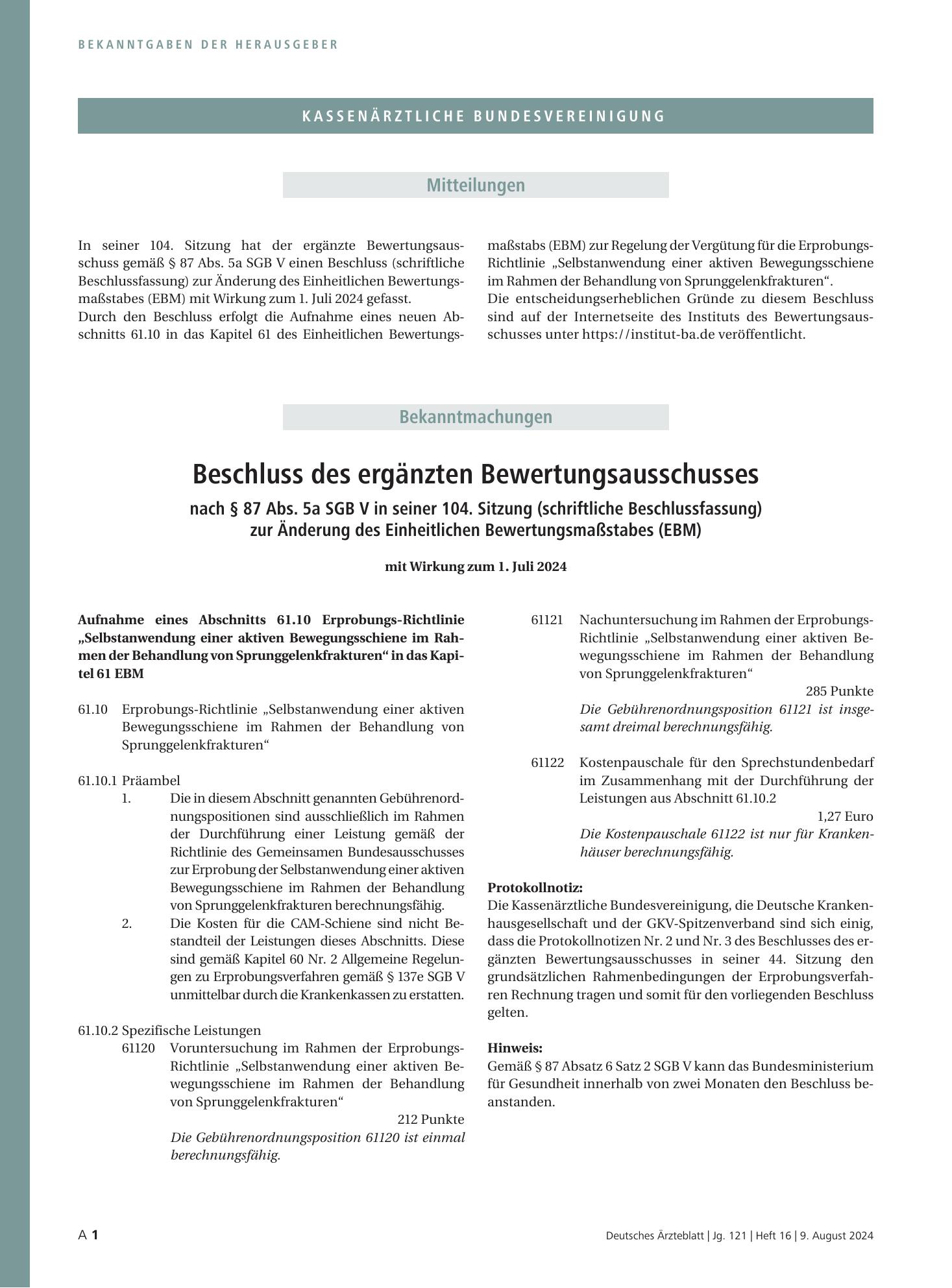 Vorschauseite 1: Beschluss des ergänzten Bewertungsausschusses nach § 87 Abs. 5a SGB V in seiner 104. Sitzung (schriftliche Beschlussfassung) zur Änderung des Einheitlichen Bewertungsmaßstabes (EB…