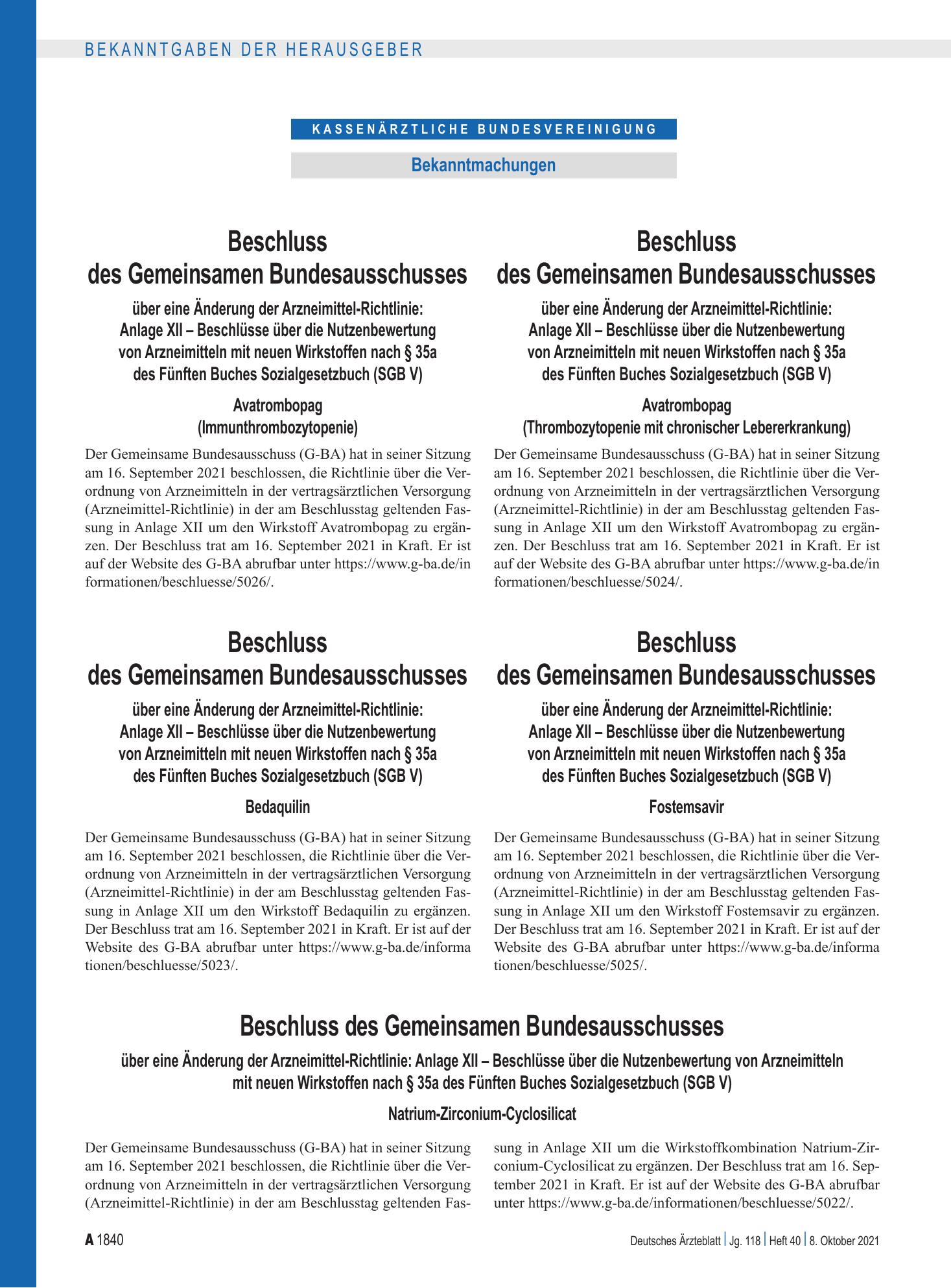 Vorschauseite 1: Beschluss des Gemeinsamen Bundesausschusses über eine Änderung der Arzneimittel-Richtlinie: Anlage XII – Avatrombopag (Thrombozytopenie mit chronischer Lebererkrankung) – Deutsche…