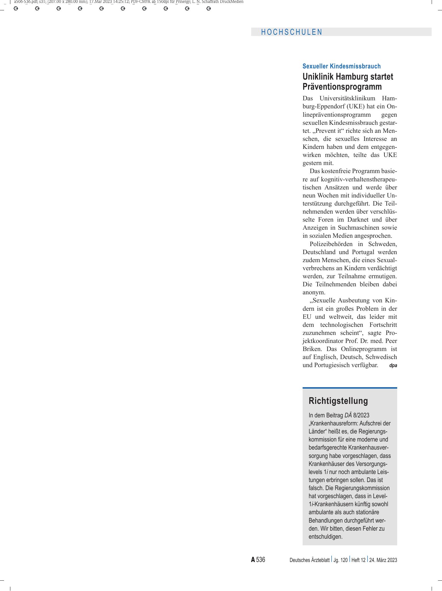 Vorschauseite 1: Richtigstellung – Deutsches Ärzteblatt