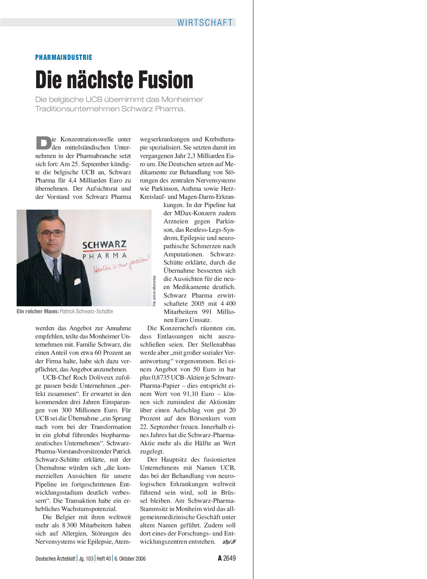 Vorschauseite 1: Pharmaindustrie: Die nächste Fusion – Deutsches Ärzteblatt