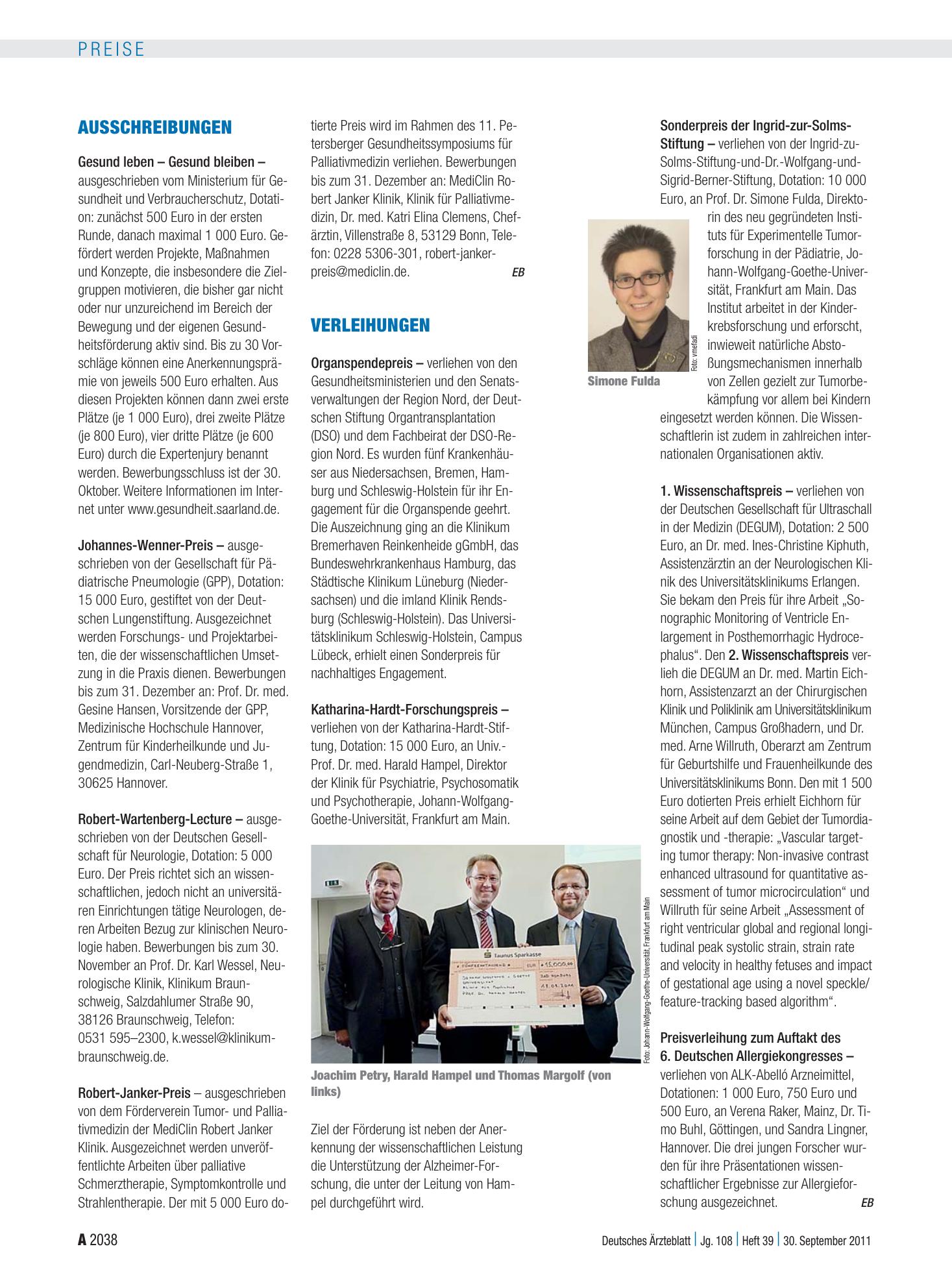 Vorschauseite 1: Verleihungen – Deutsches Ärzteblatt