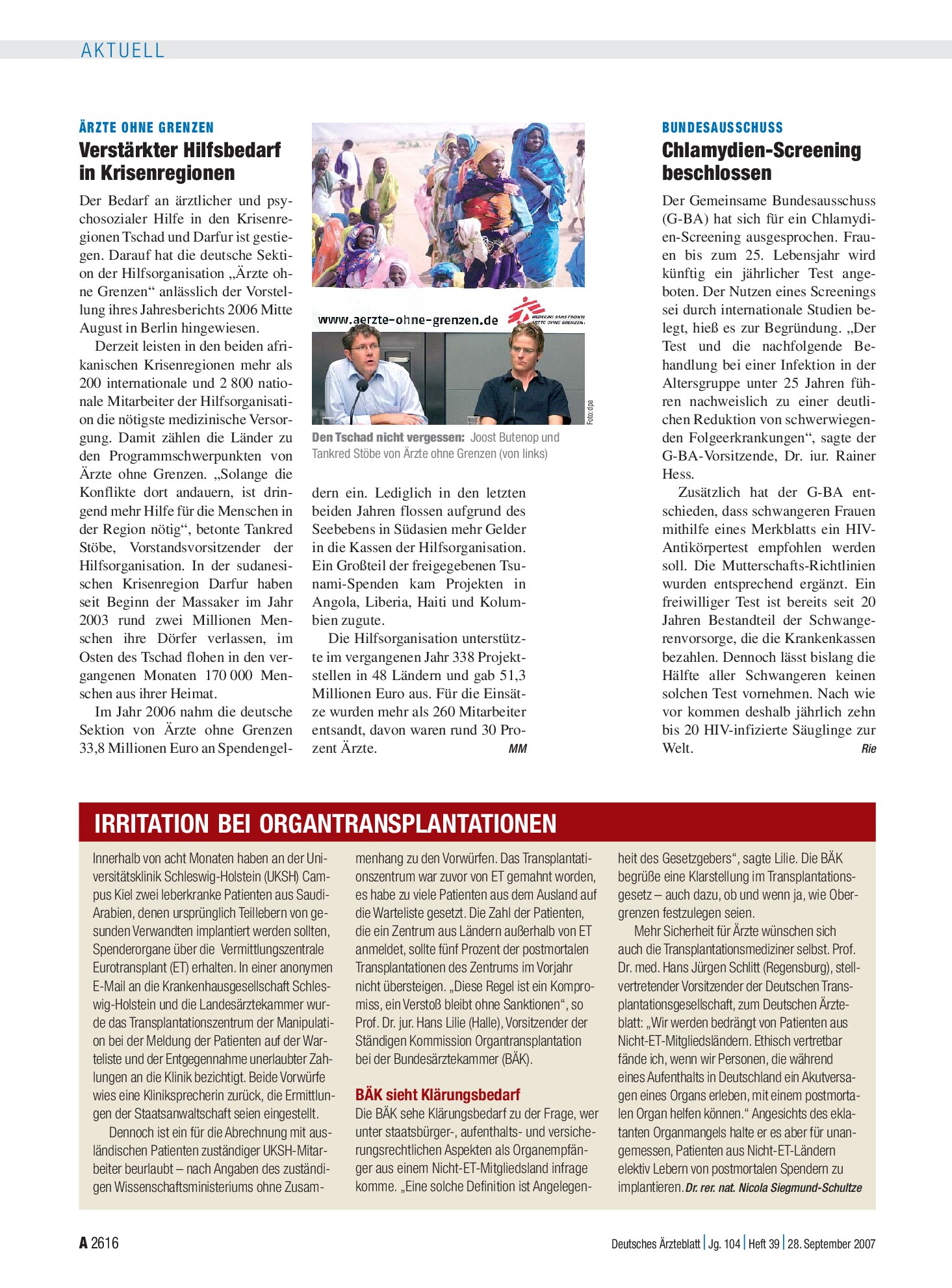 Vorschauseite 1: Irritation bei Organtransplantationen – Deutsches Ärzteblatt