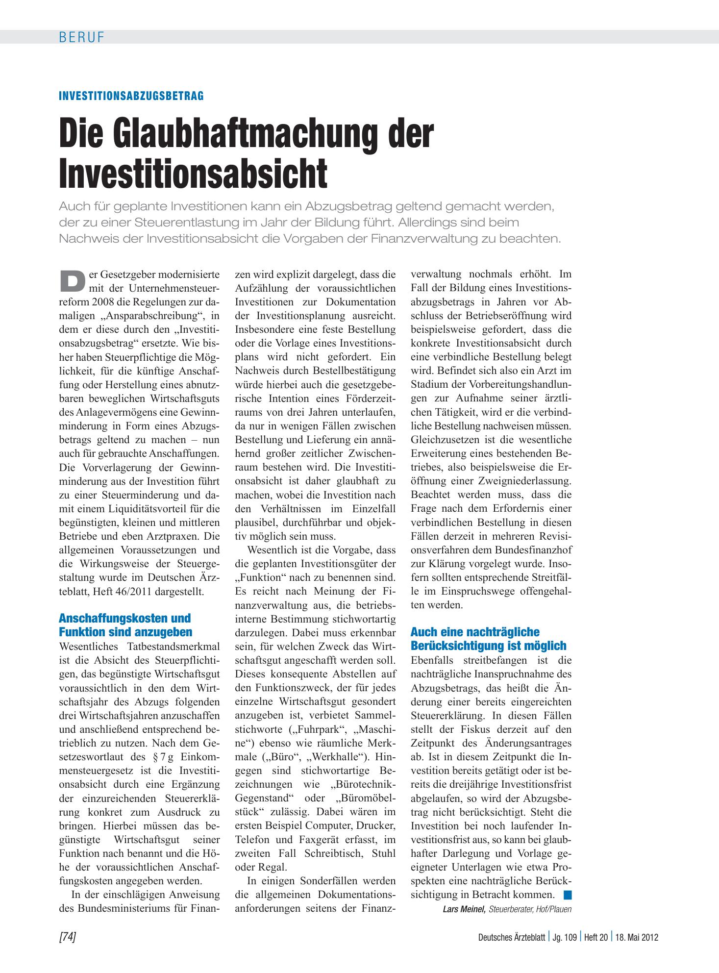 Vorschauseite 1: Investitionsabzugsbetrag: Die Glaubhaftmachung der Investitionsabsicht – Deutsches Ärzteblatt
