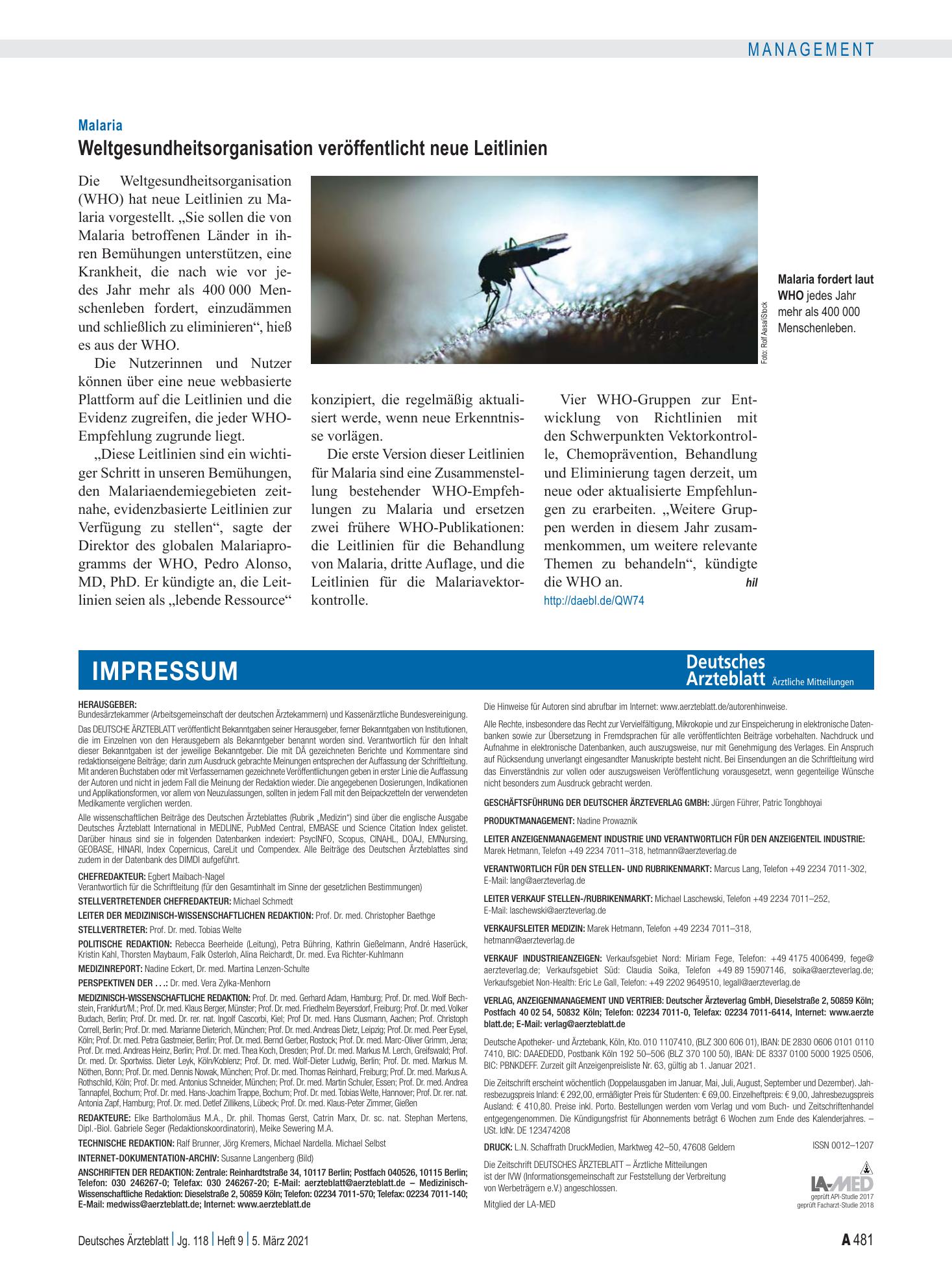 Vorschauseite 1: Malaria: Weltgesundheitsorganisation veröffentlicht neue Leitlinien – Deutsches Ärzteblatt