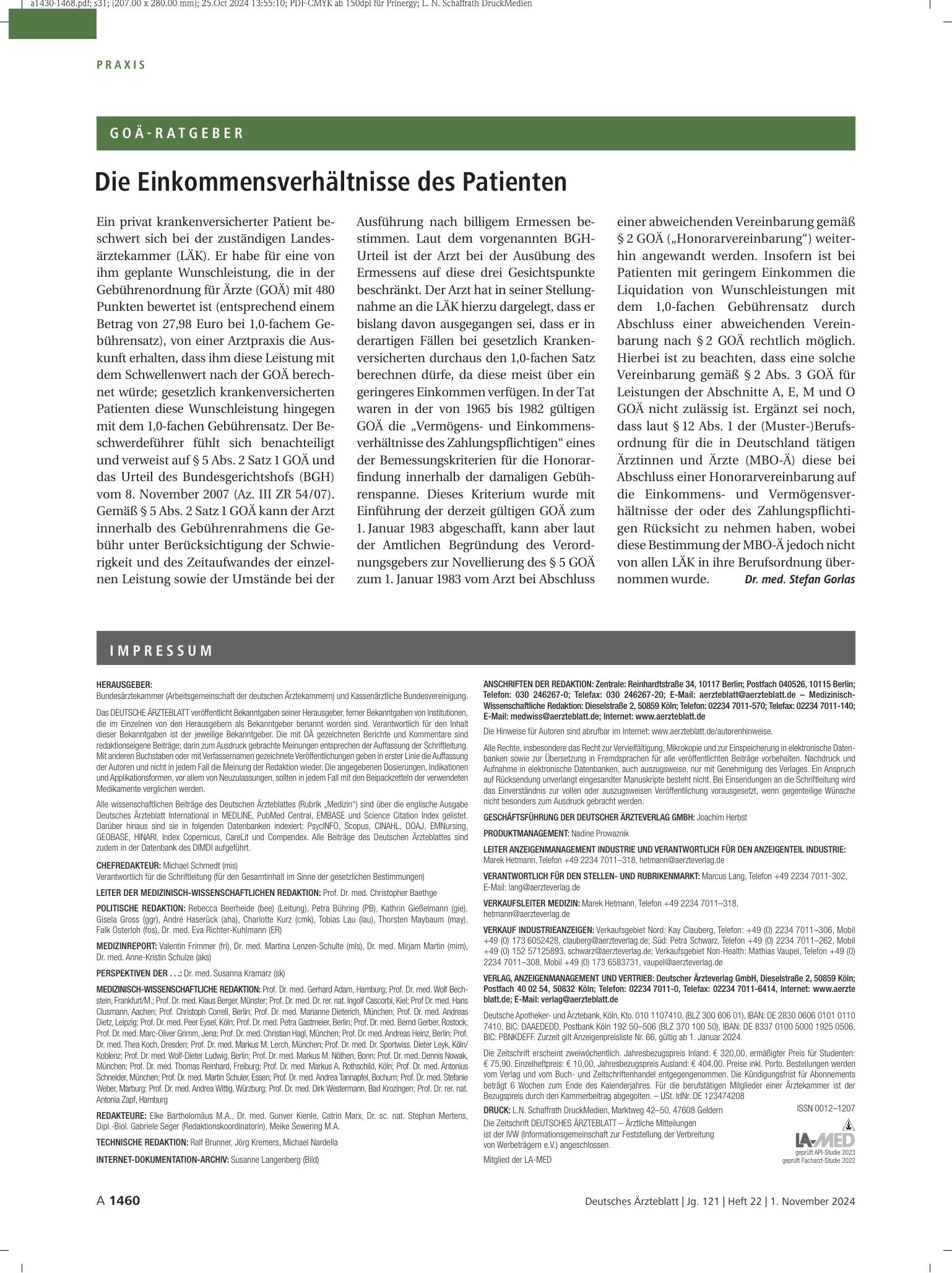Vorschauseite 1: Die Einkommensverhältnisse des Patienten – Deutsches Ärzteblatt