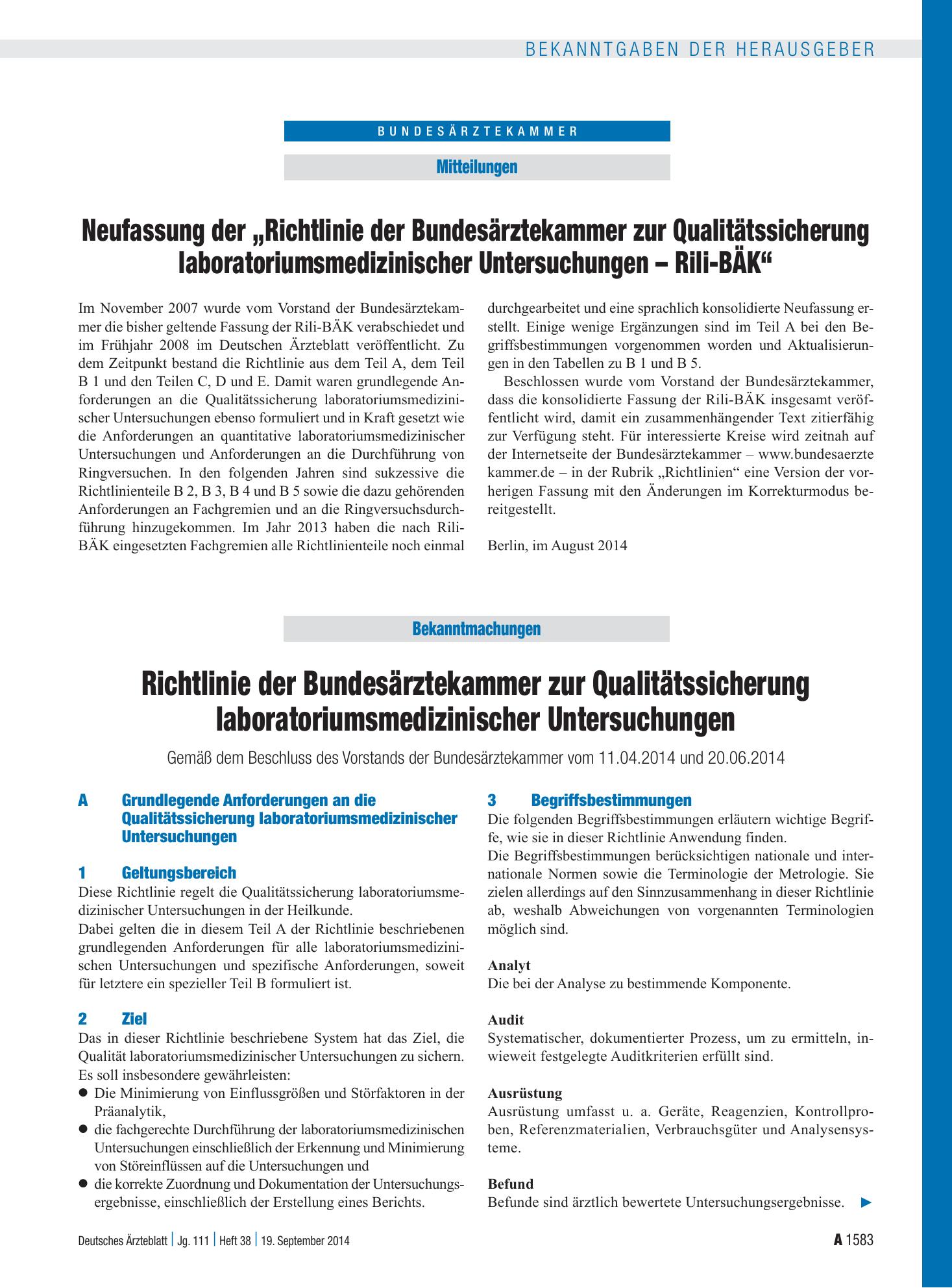 Vorschauseite 1: Neufassung der „Richtlinie der Bundesärztekammer zur Qualitätssicherung laboratoriumsmedizinischer Untersuchungen – Rili-BÄK“ – Richtlinie der Bundesärztekammer zur Qualitätssiche…