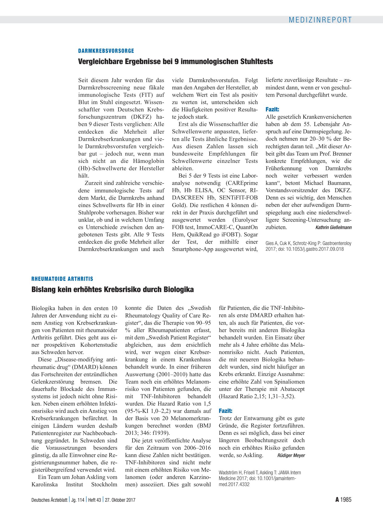 Vorschauseite 1: Rheumatoide Arthritis: Bislang kein erhöhtes Krebsrisiko durch Biologika – Deutsches Ärzteblatt