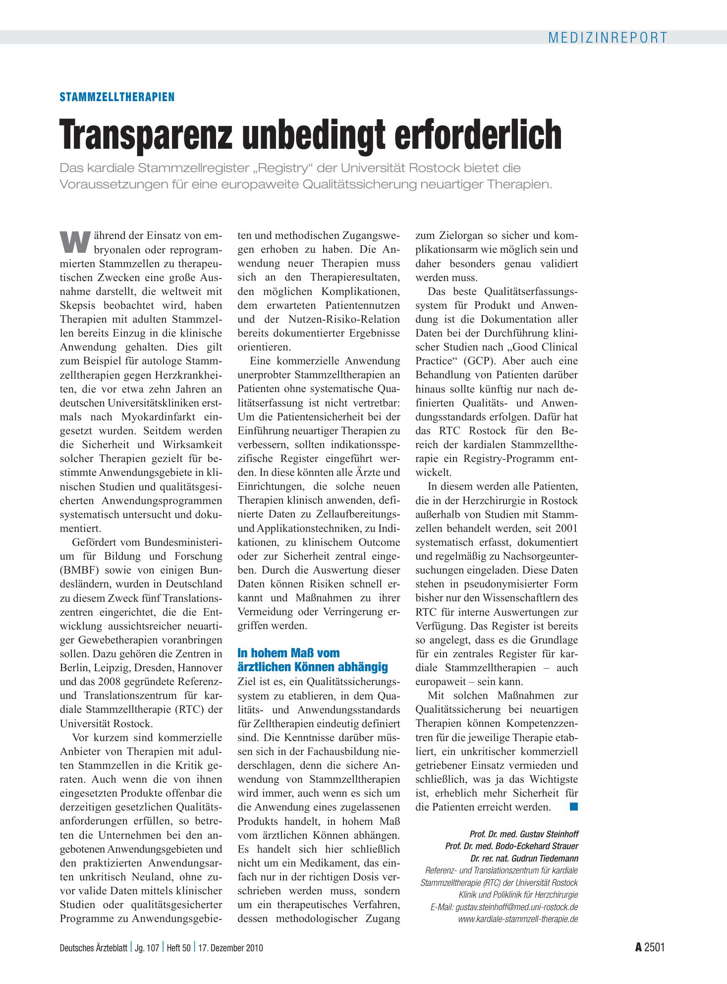 Vorschauseite 1: Stammzelltherapien: Transparenz unbedingt erforderlich – Deutsches Ärzteblatt