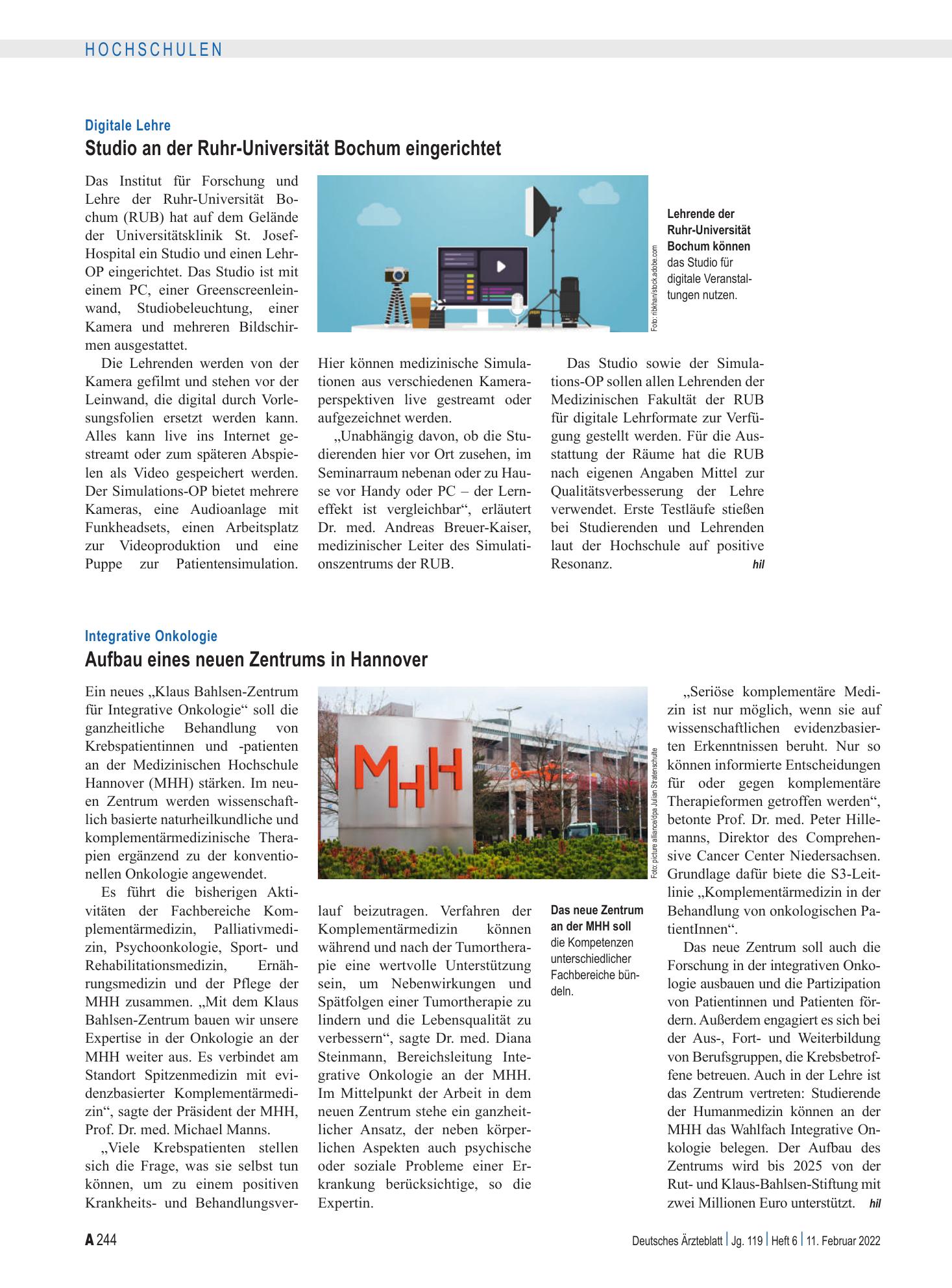 Vorschauseite 1: Digitale Lehre: Studio an der Ruhr-Universität Bochum eingerichtet – Deutsches Ärzteblatt