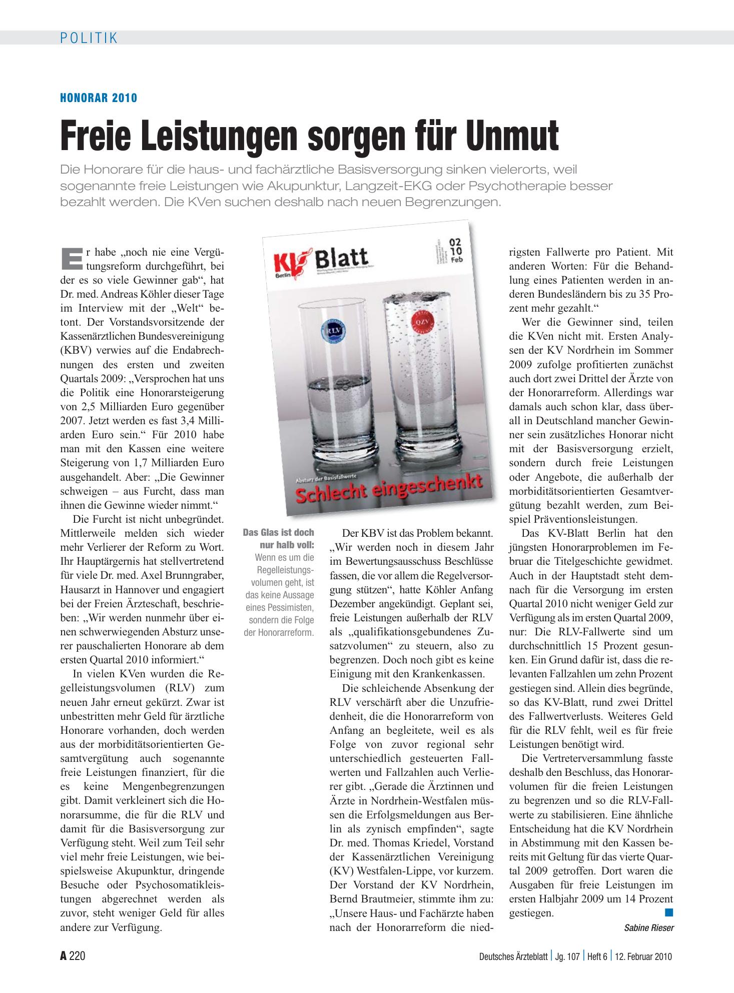 Vorschauseite 1: Honorar 2010: Freie Leistungen sorgen für Unmut – Deutsches Ärzteblatt