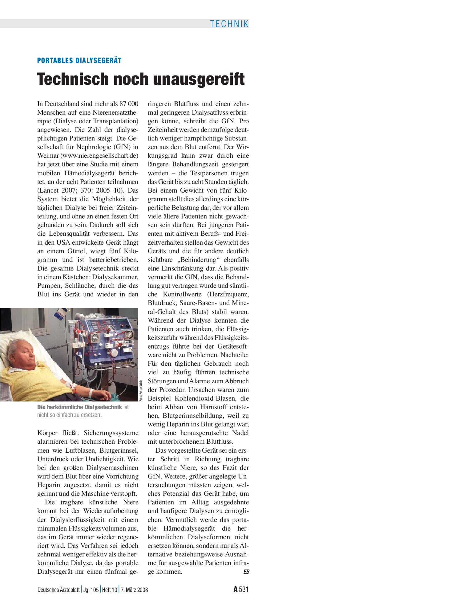 Vorschauseite 1: Portables Dialysegerät: Technisch noch unausgereift – Deutsches Ärzteblatt