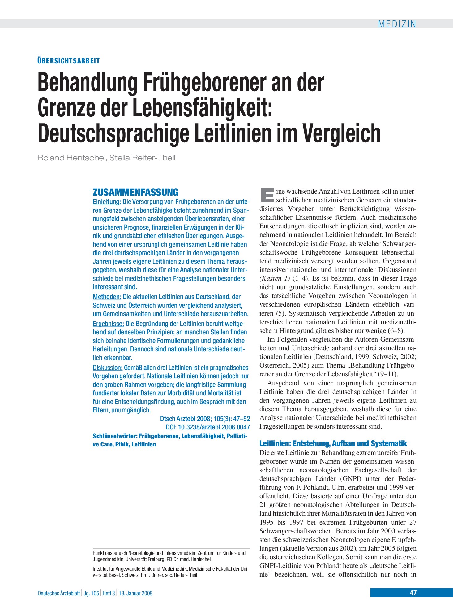 Vorschauseite 1: Behandlung Frühgeborener an der Grenze der Lebensfähigkeit – Deutsches Ärzteblatt