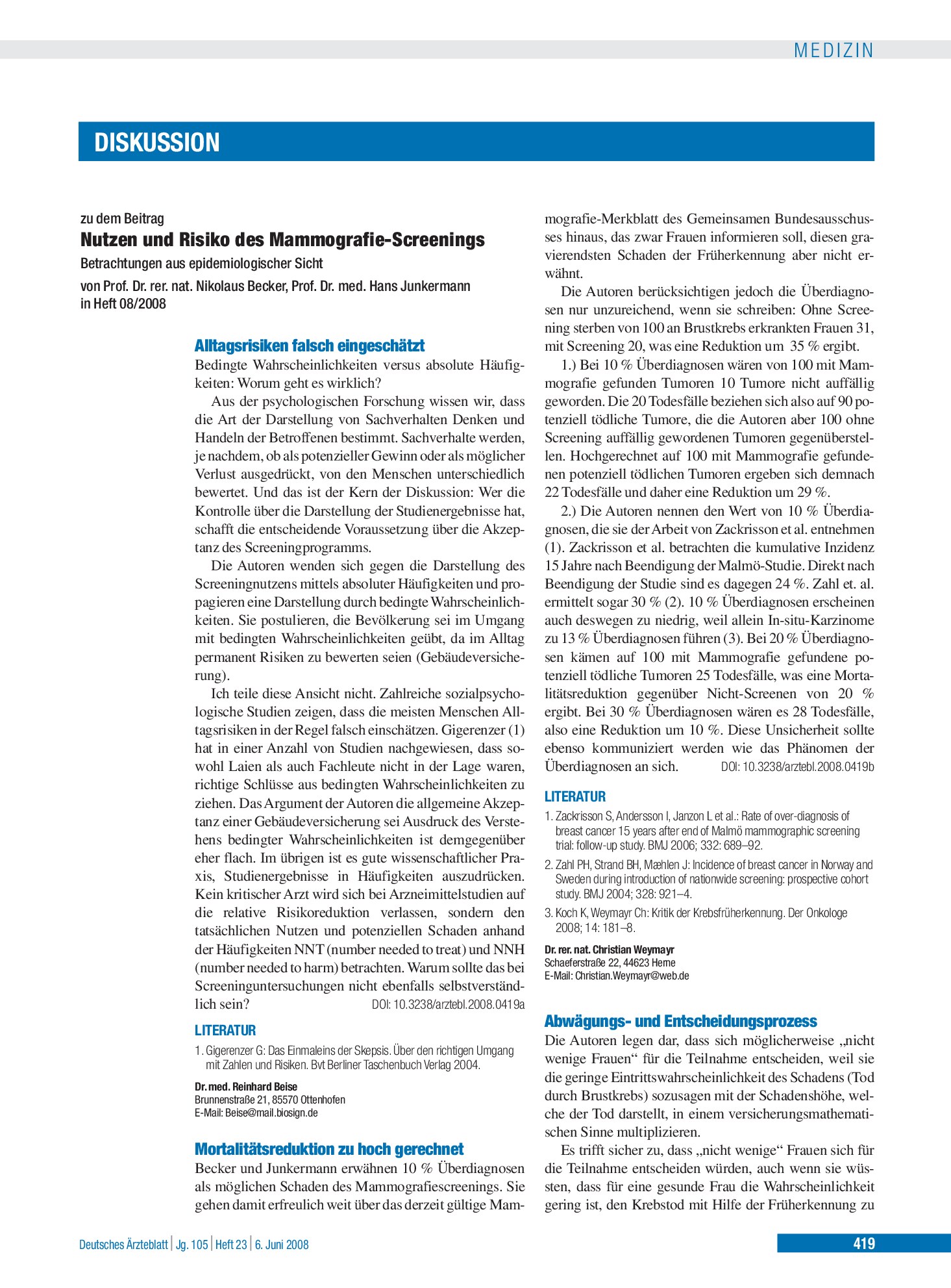 Vorschauseite 1: Nutzen und Risiko des Mammografie-Screenings: Abwägungs- und Entscheidungsprozess – Deutsches Ärzteblatt