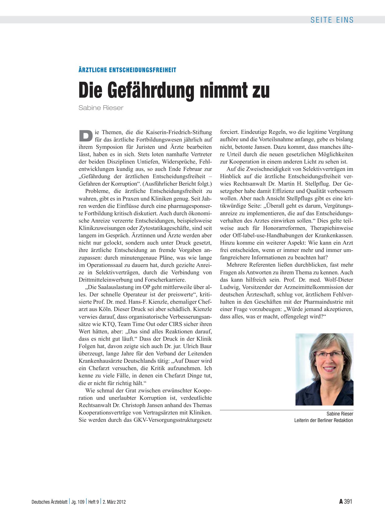 Vorschauseite 1: Ärztliche Entscheidungsfreiheit: Die Gefährdung nimmt zu – Deutsches Ärzteblatt