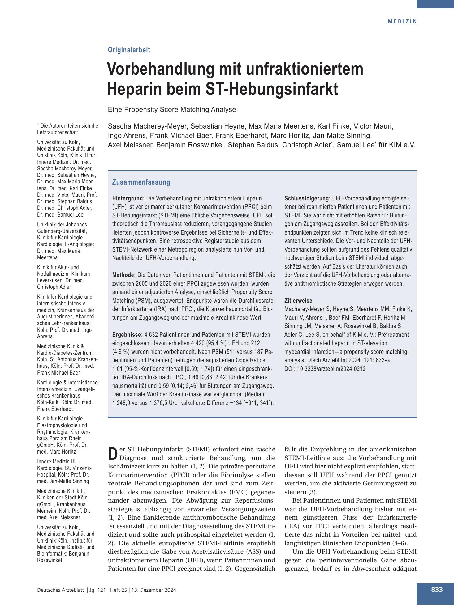 Vorschauseite 1: Vorbehandlung mit unfraktioniertem Heparin beim ST-Hebungsinfarkt – Deutsches Ärzteblatt