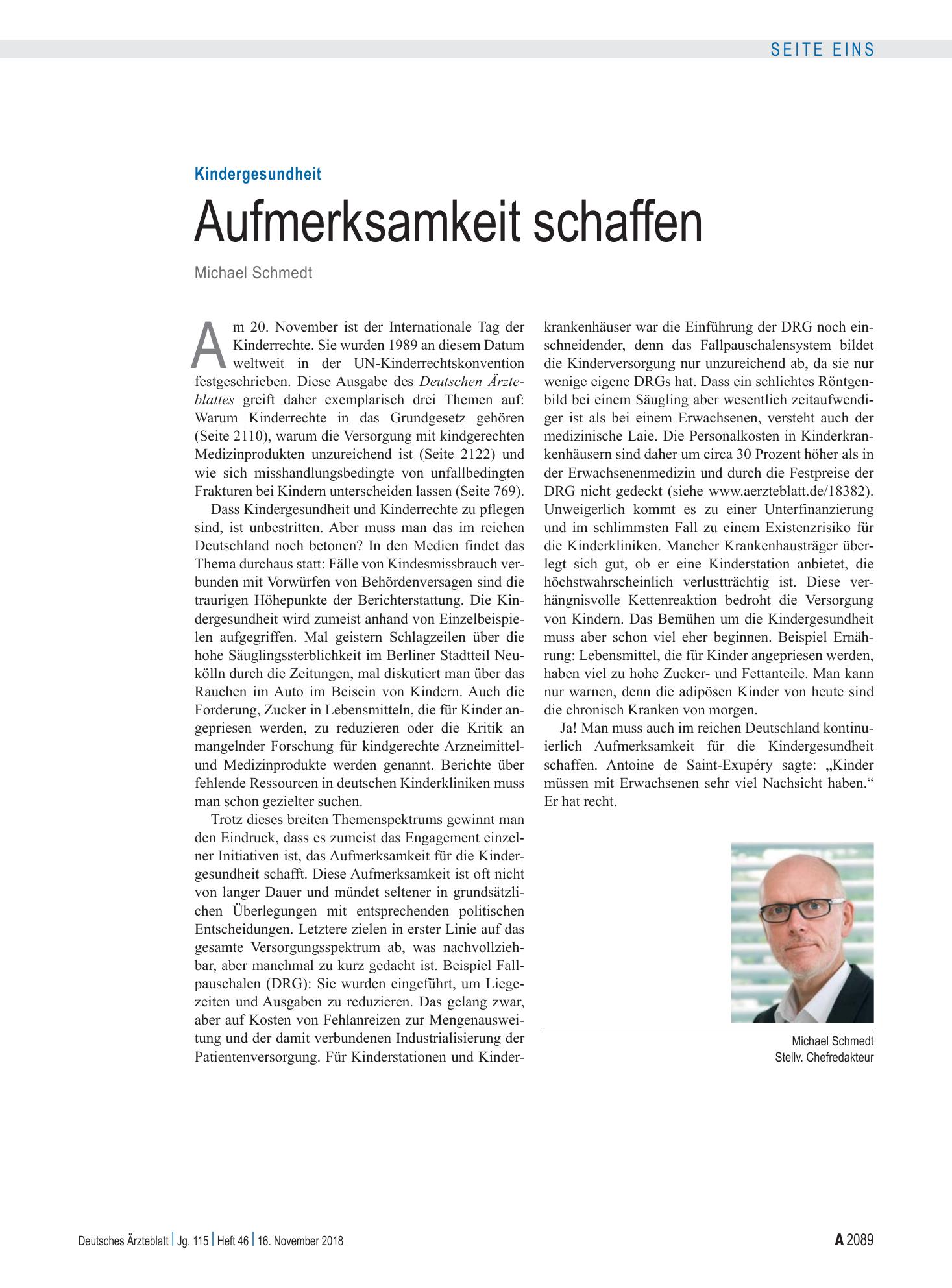 Vorschauseite 1: Kindergesundheit: Aufmerksamkeit schaffen – Deutsches Ärzteblatt