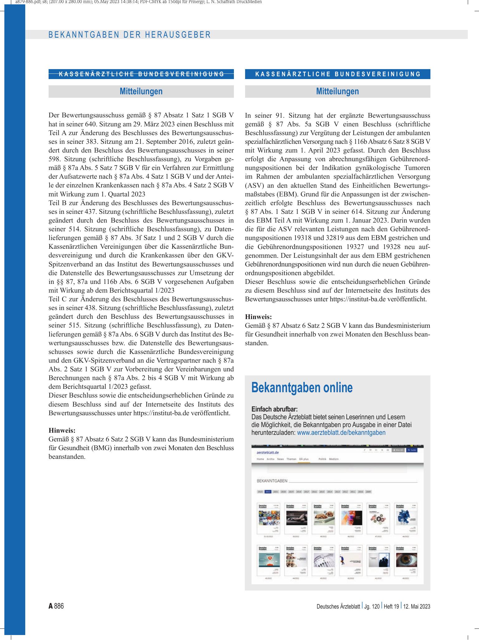Vorschauseite 1: Mitteilungen – Deutsches Ärzteblatt